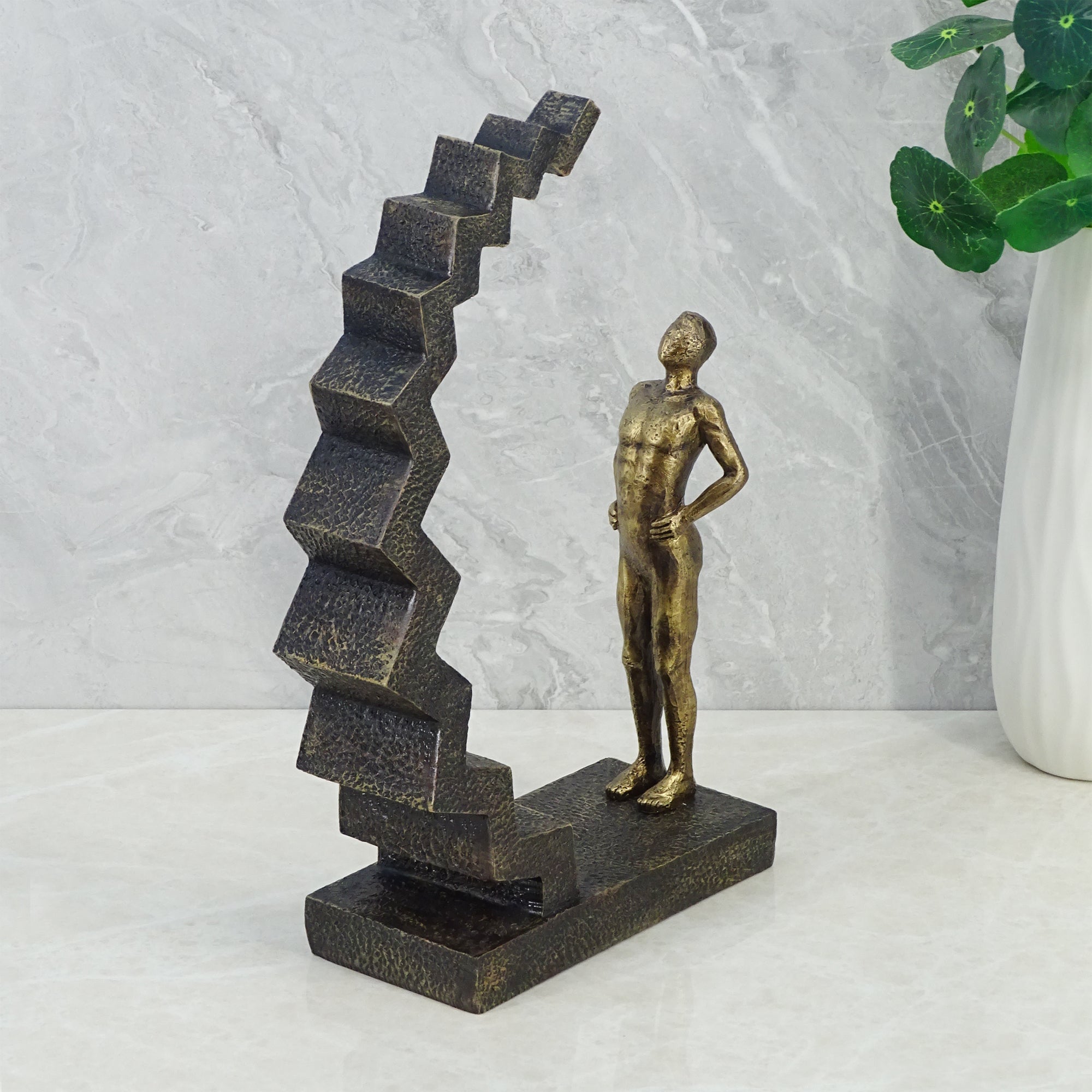 Willow Polyresin Man On Staircase 33 Cm in Brown And Gold Colour