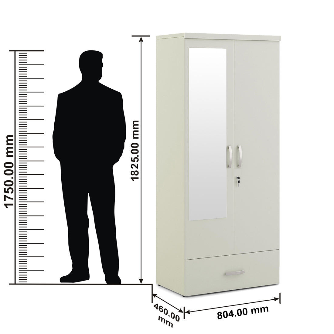 Utsav Two Door Wardrobe with Mirror in White Colour