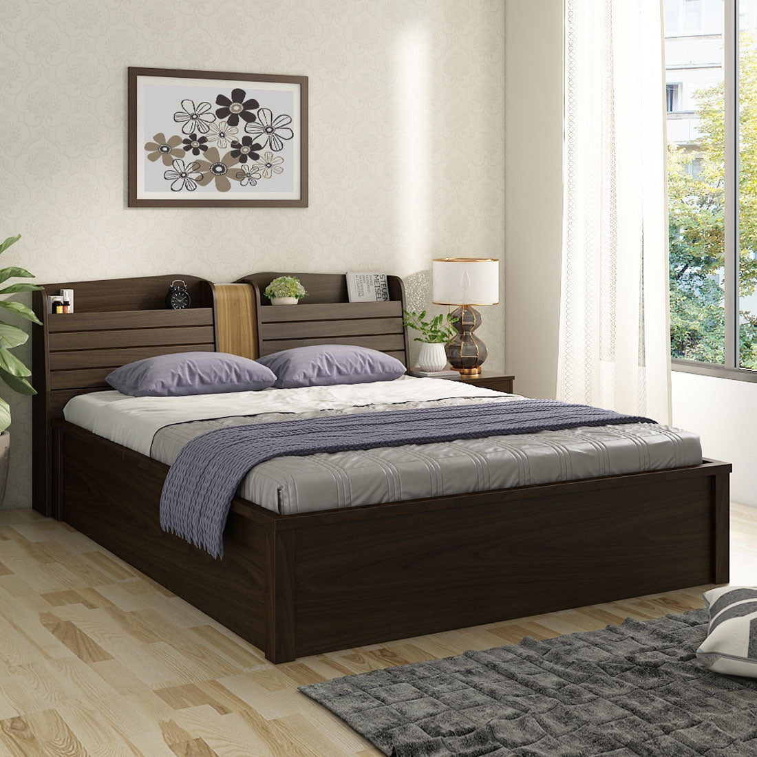 Magnum Engineered Wood Queen Bed with Hydraulic Storage in Urban Walnut Colour