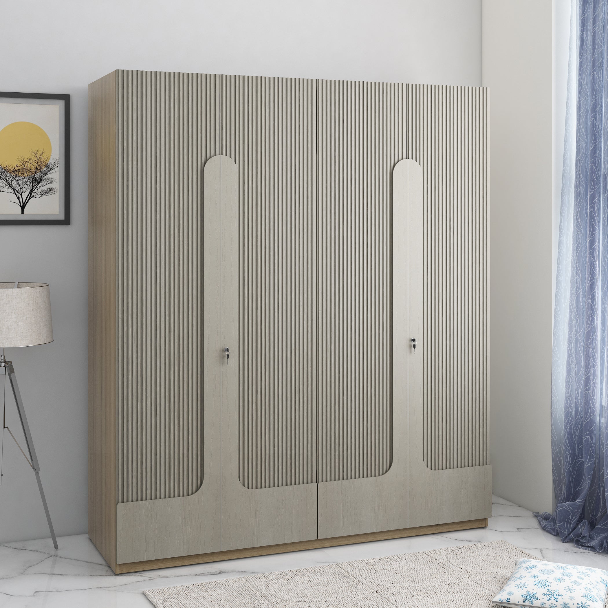 Asa Engineered Wood 4 Door Wardrobe in Santana Oak Colour