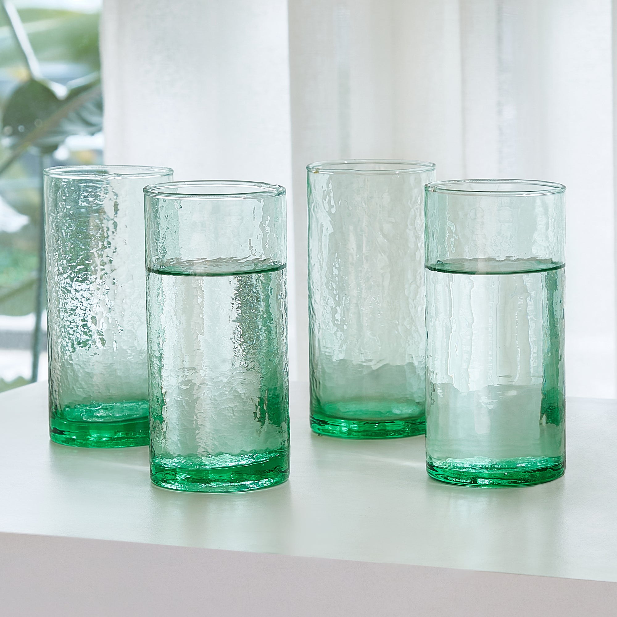 Ikigai Hammered Water Glass Set of 4 in Green Colour