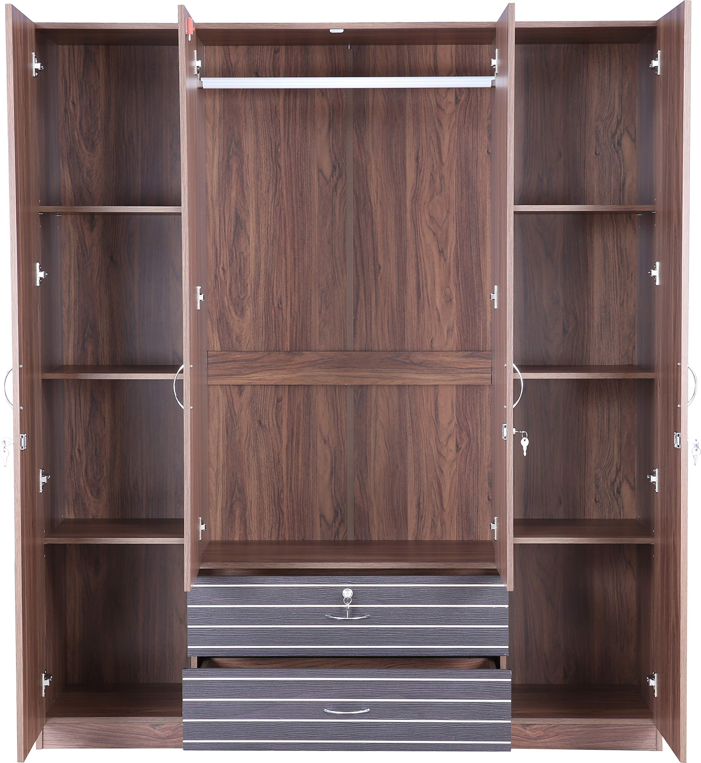 Molly Engineered Wood Four Door Wardrobe with Mirror in Walnut Finish