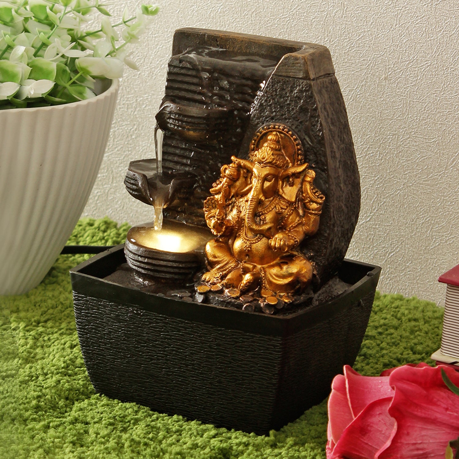 Impression Polyresin Ganesha 3 Drop Fountain in Gold Colour