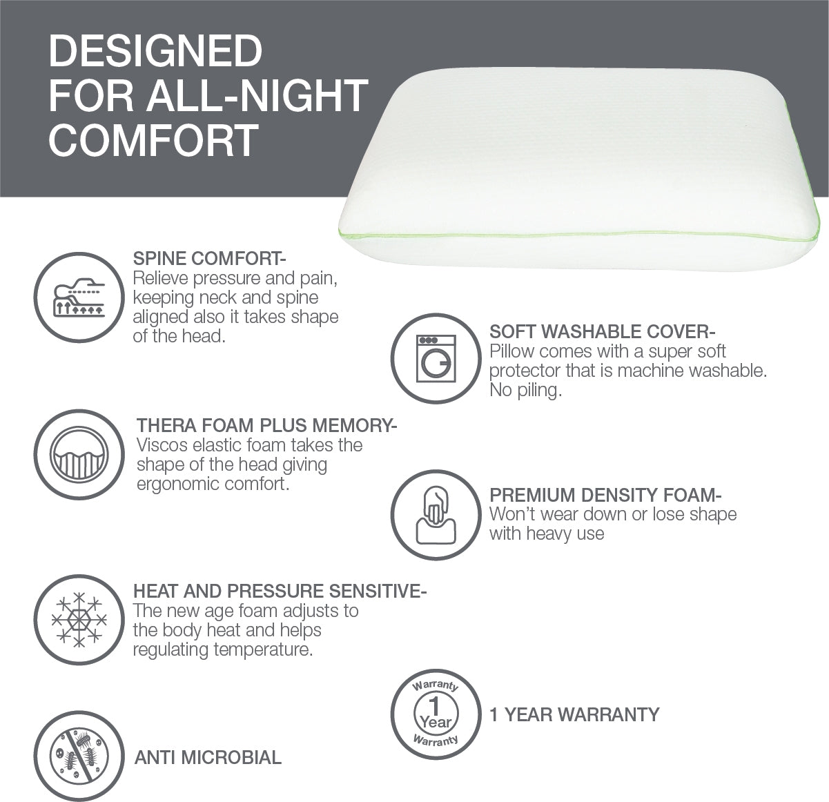 Serenity Cervical Support Memory Foam Pillow 60X40X12 Cms for Deep Sleep in White Colour