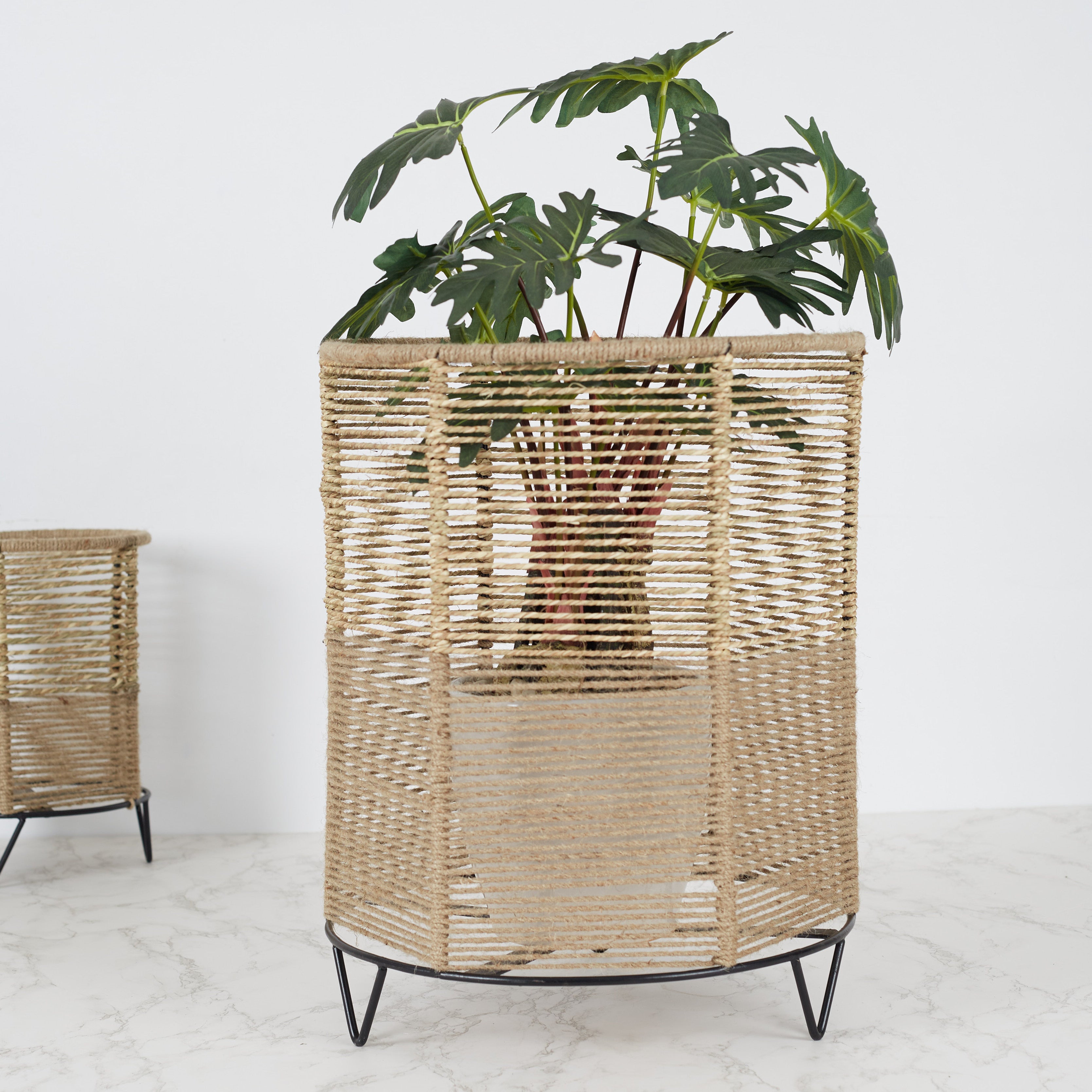 Boho Metal And Natural Fiber Planter Stand 42Cm in Brown Colour