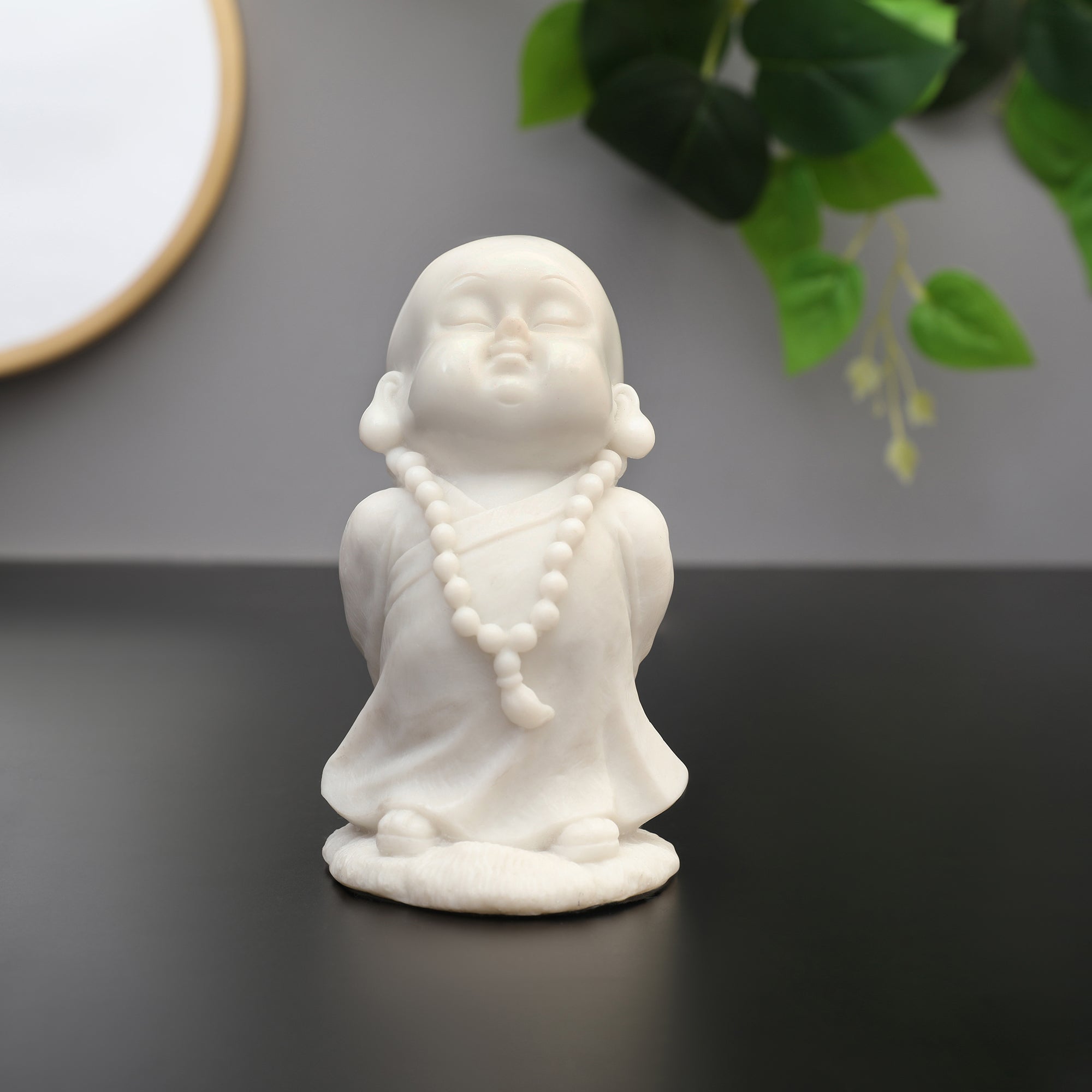 NAQSH MONK WITH MALA, POLYRESIN HAND FINISHED FIGURINE WHITE BY LIVNG ESSENCE