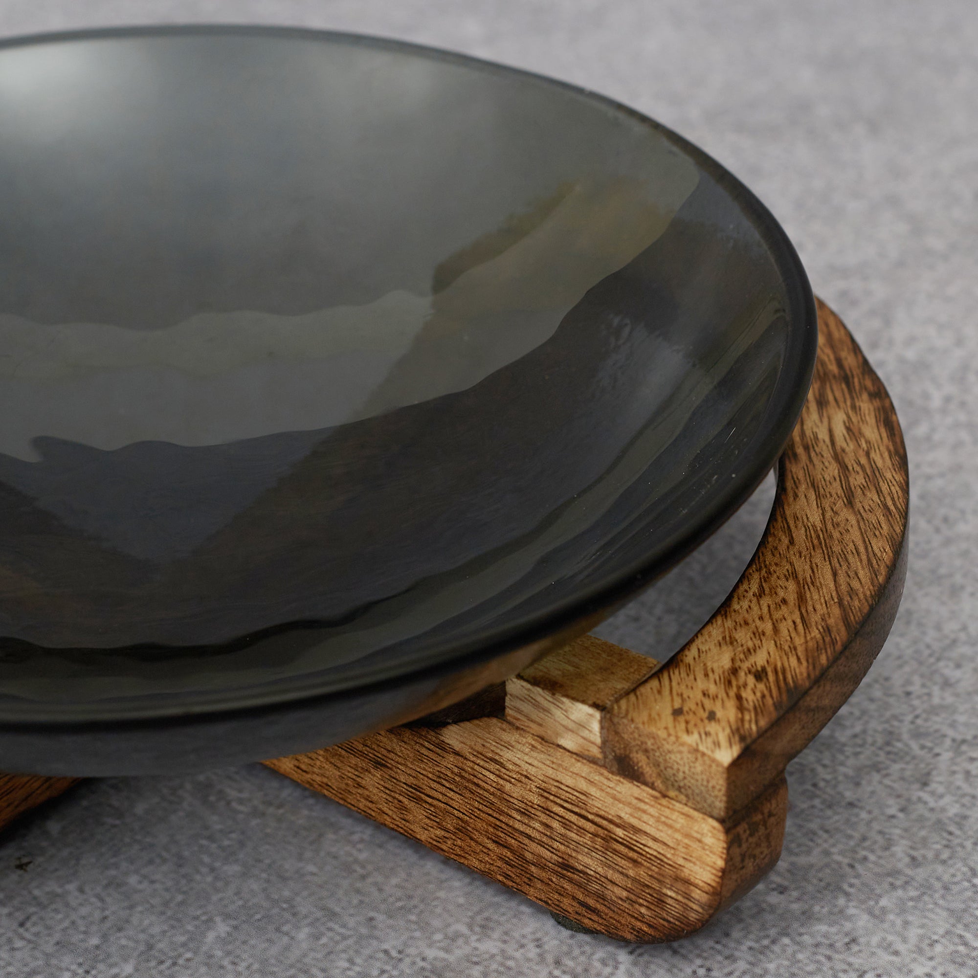 Ebony Glass & Wooden Cross Bowl 24cm in Black Texture Colour