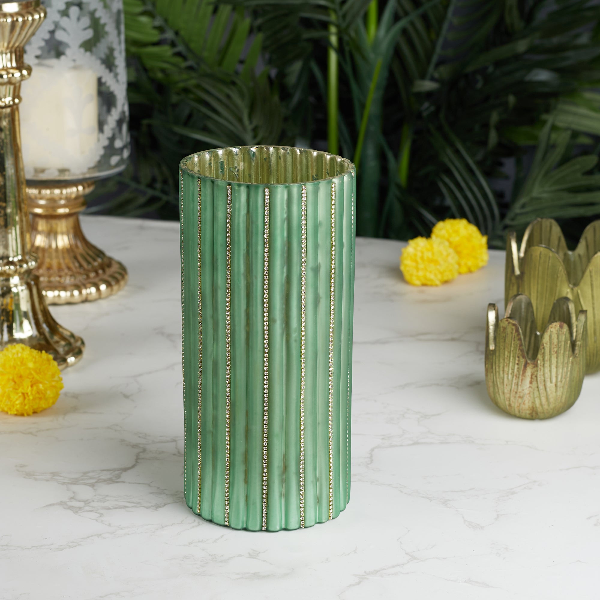 Phiona Glass Diamond Stud Handcrafted Votive 20 Cm in Emerald Colour