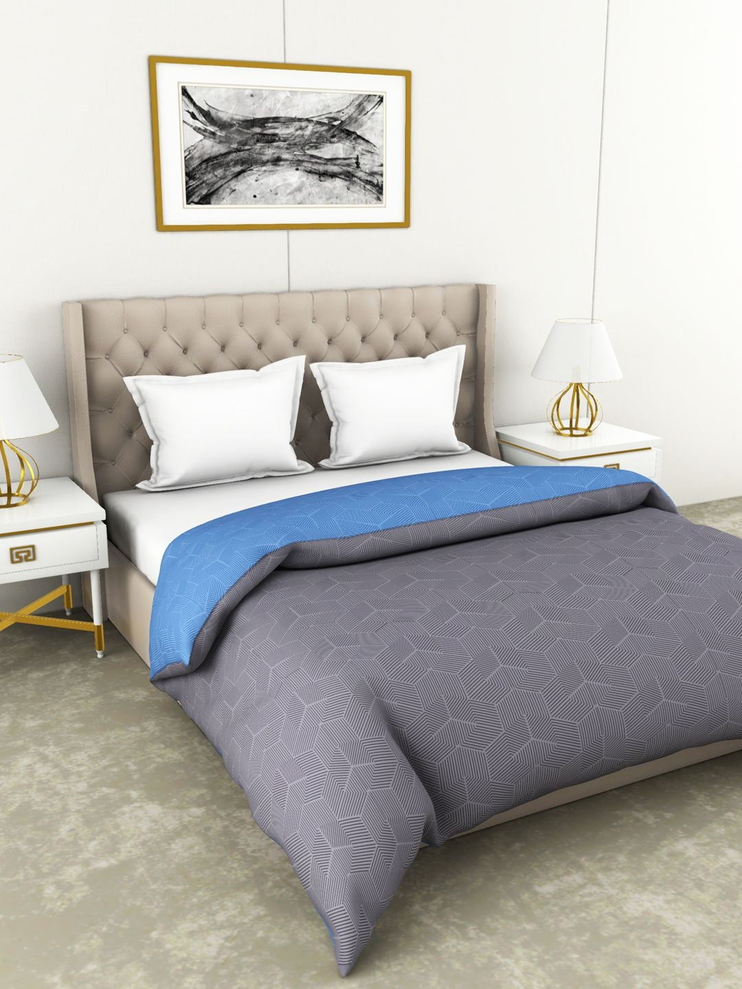 Botanical Cotton Double Comforter 229X254 Cm 210 Tc in Blue/Grey Colour