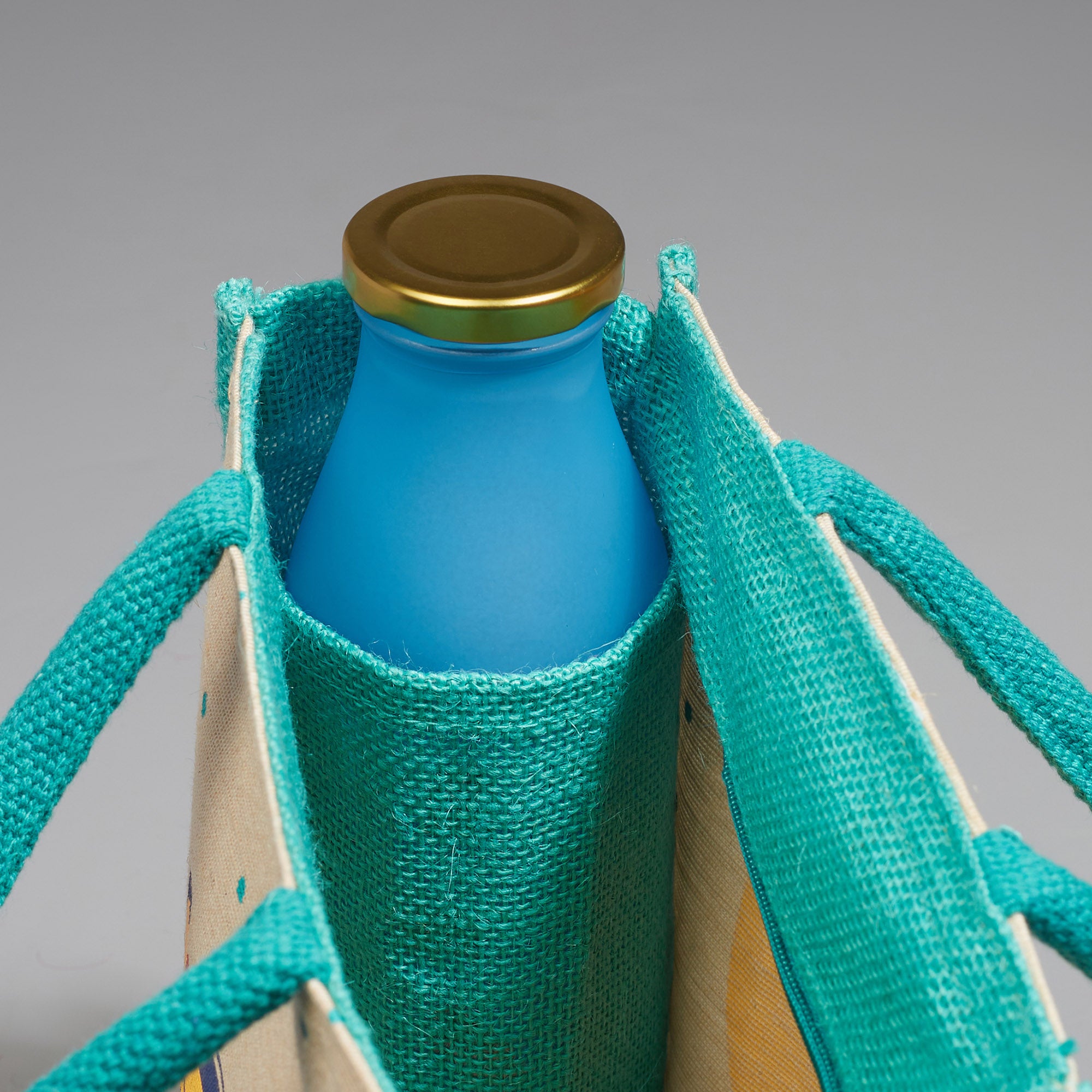 Good Life Jute Reversible Wanderlust Printed Lunch Bag 25.5 x 25.5 Cm in Turq Colour