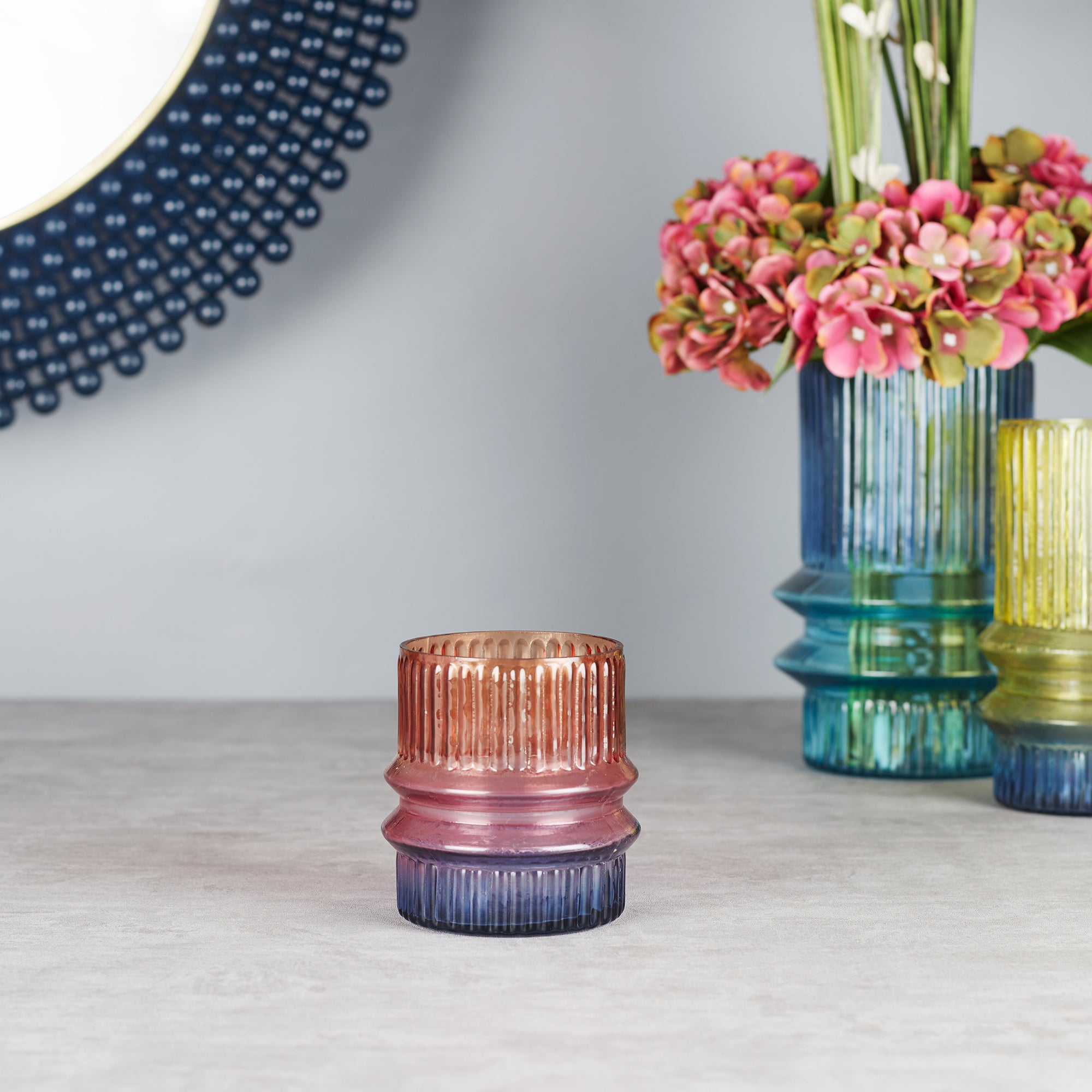 Phiona Glass Fluted Handcrafted Votive 10 Cm in Multi Colour