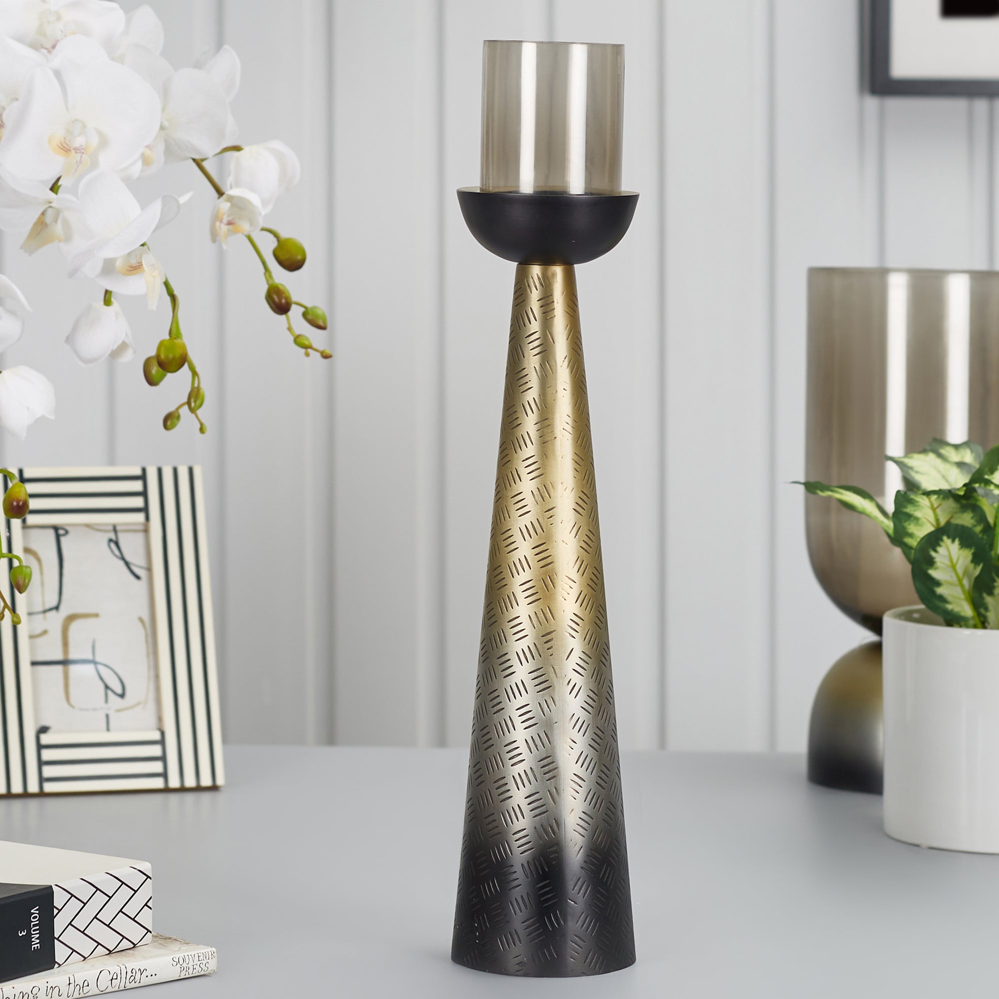 Zeus Iron and Glass Ombre Conical Candle Holder 10x47 Cm in Antique Gold & Black Colour