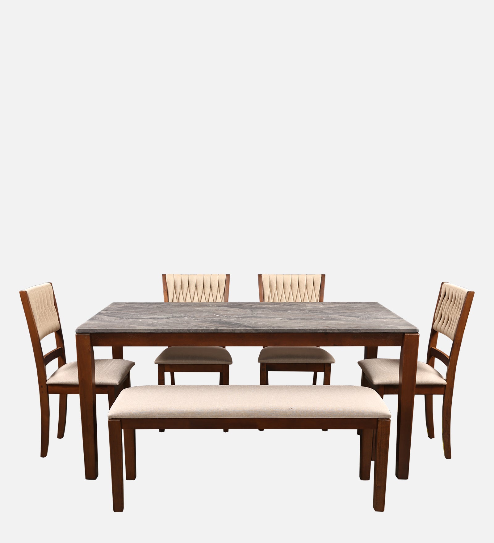 Quest Marble Top Six Seater Dining Set With Bench in Walnut Colour