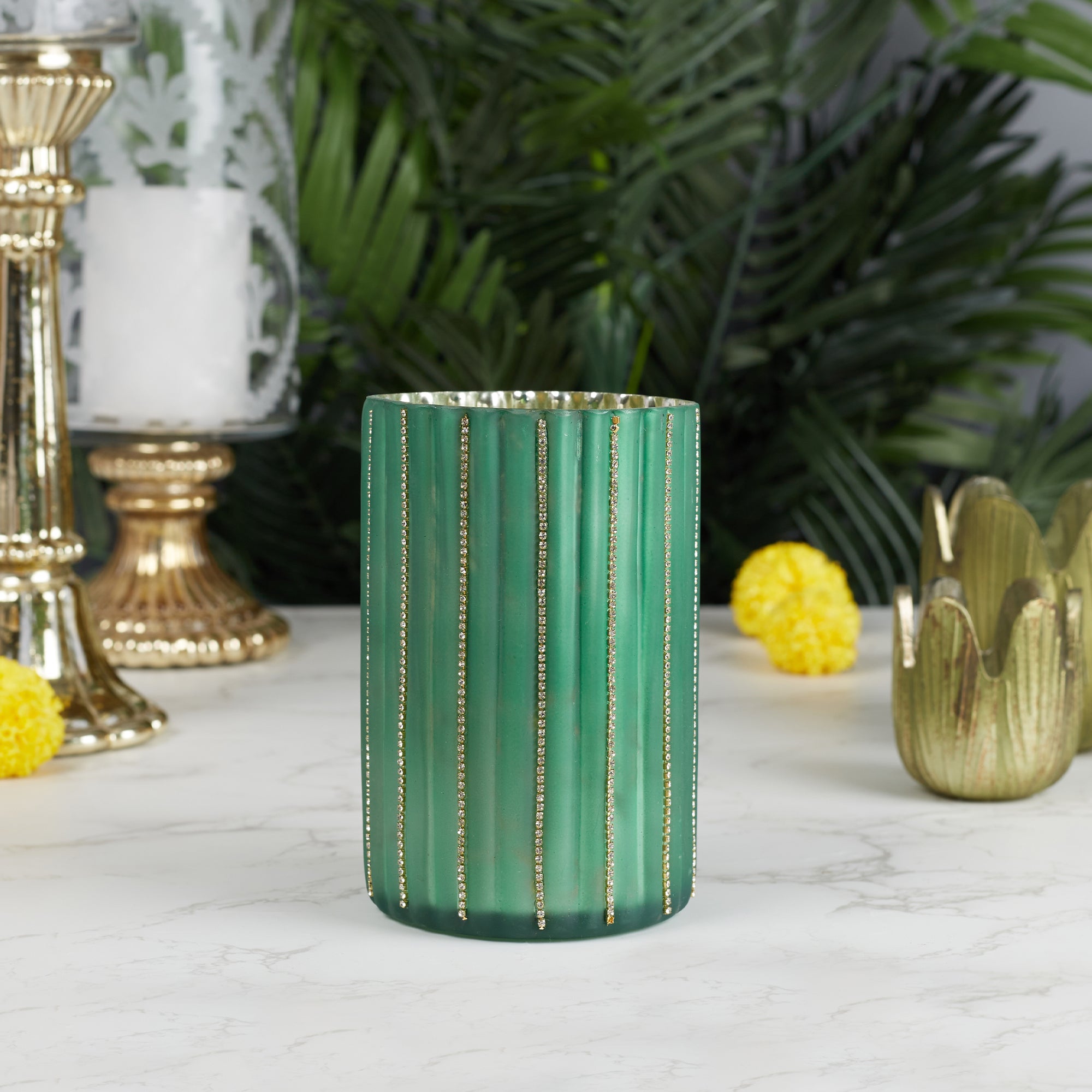 Phiona Glass Diamond Stud Handcrafted Votive 15 Cm in Emerald Colour