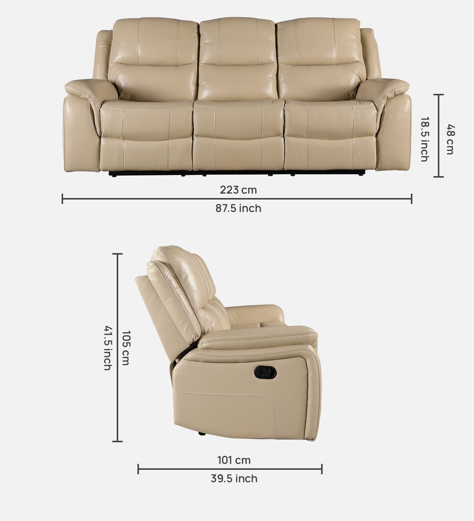 Murray Half Leather Three Seater Recliner in Beige Colour