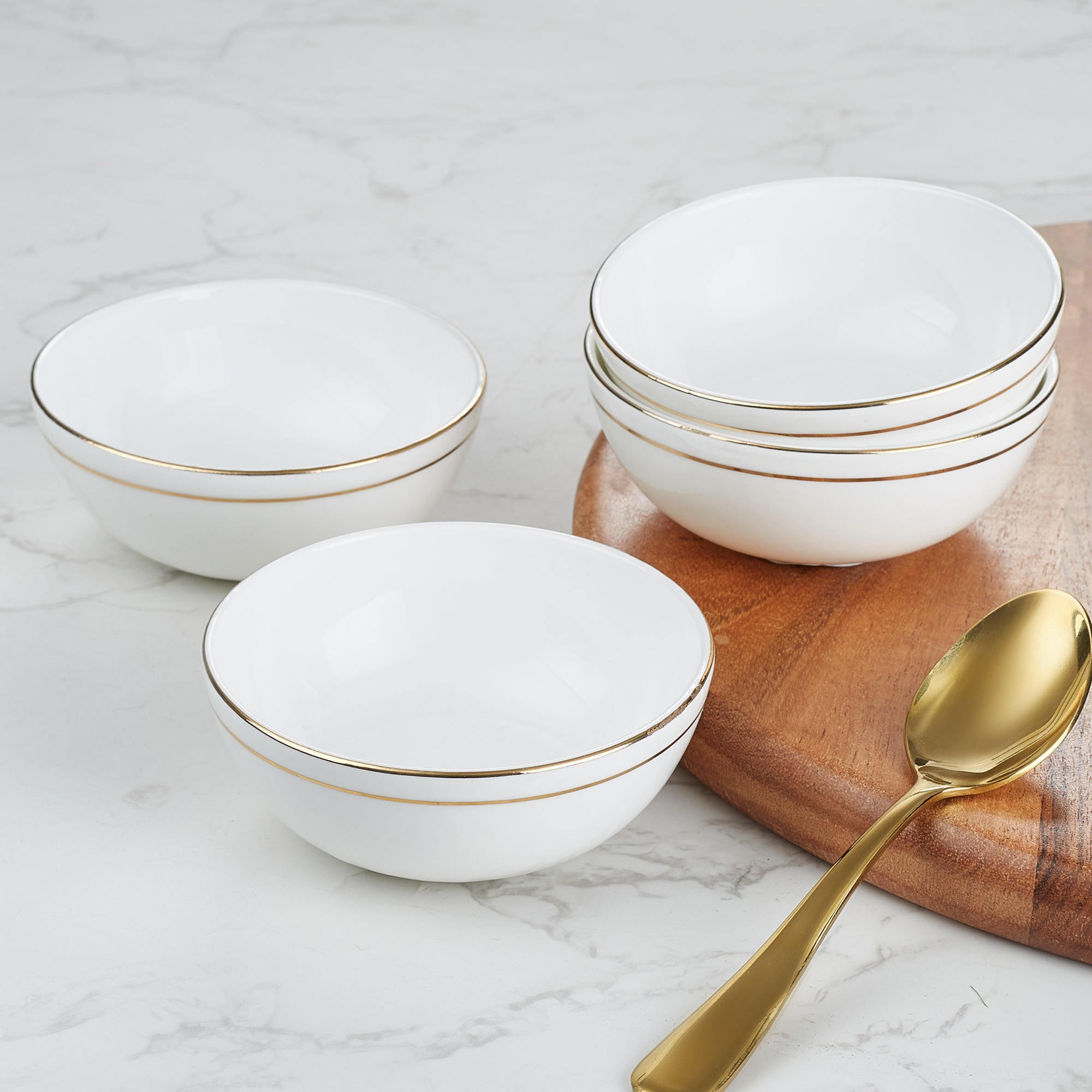 Avril Real Gold-Plated Bone China Veg Bowl/Katori Set of 4 in White Colour