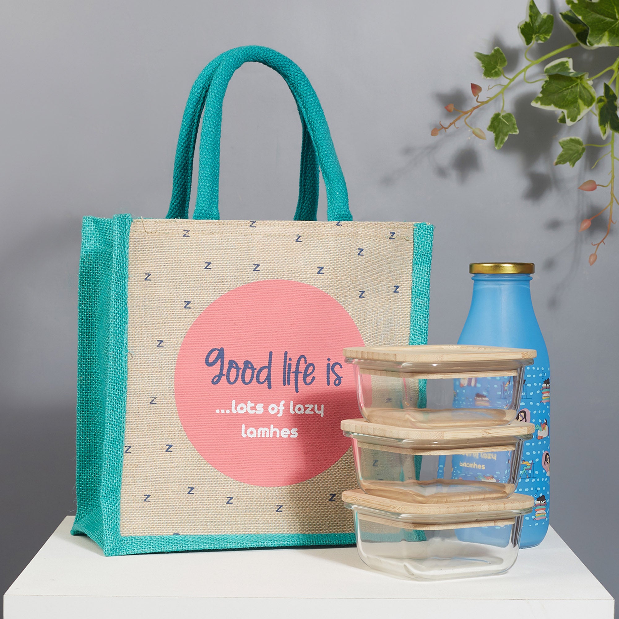 Good Life Jute Reversible Lazy Lamhe Printed Lunch Bag 25.5 x 25.5 Cm in Turq Colour