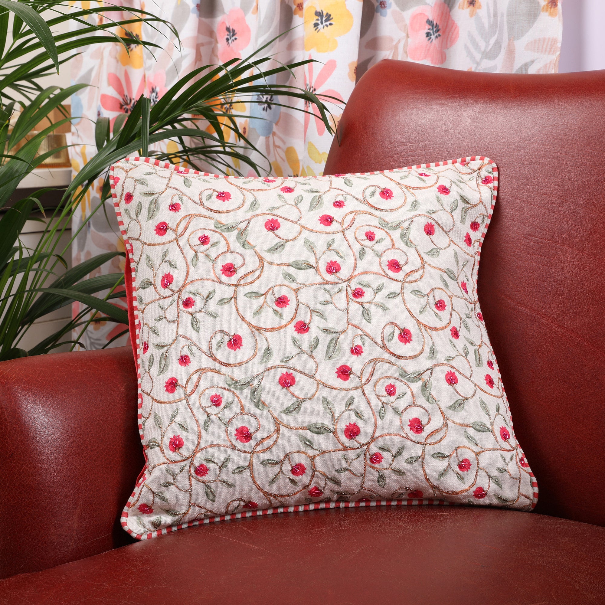Indian Botanical Cotton Cushion Cover 40x40 cm in Multi Pink Colour