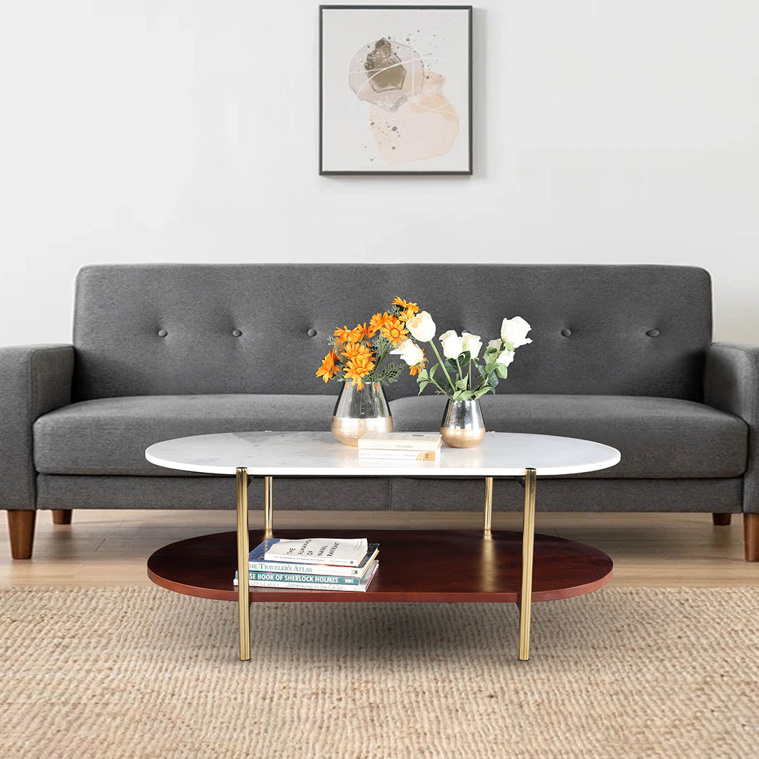 Amira Marble & Wood Center Table in White & Walnut Colour