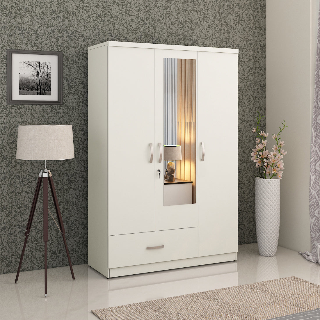 Utsav Three Door Wardrobe with Mirror in White Colour