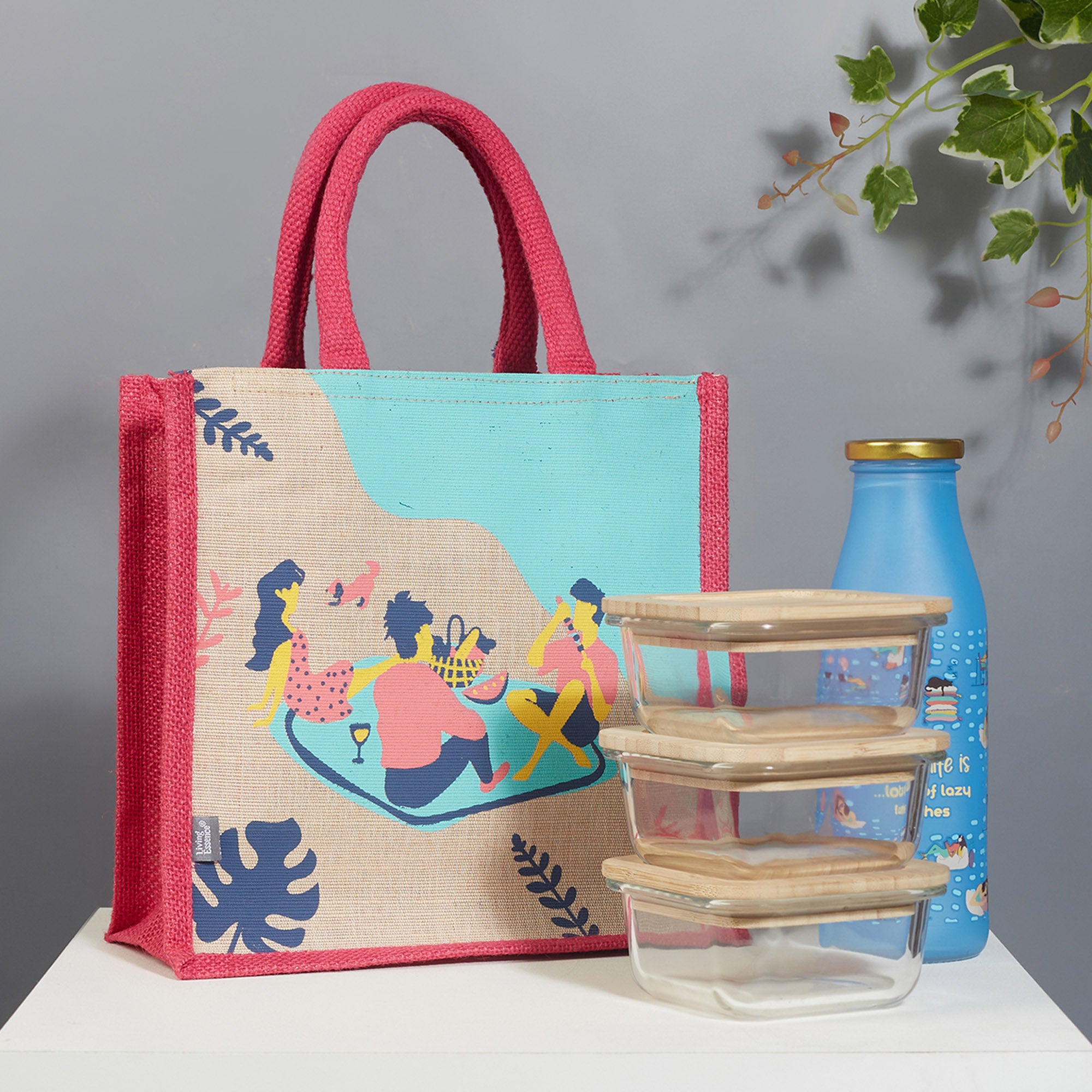 Good Life Jute Reversible Salt, Sea & Snack Printed Lunch Bag 25.5 x 25.5 Cm in Pink Colour