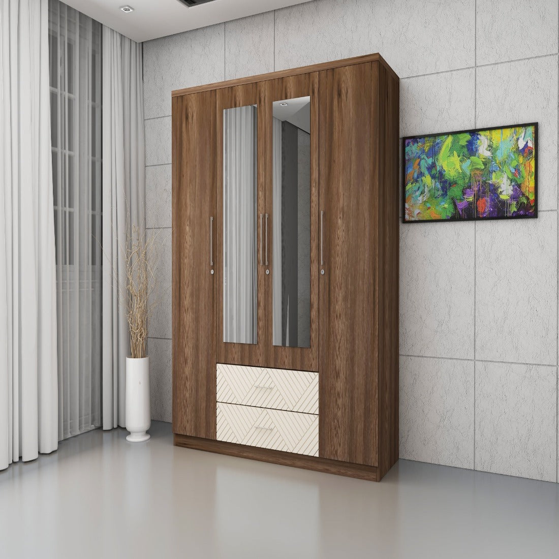 Saville Engineered Wood Four Door Wardrobe with Mirror in Dark Vogue Colour