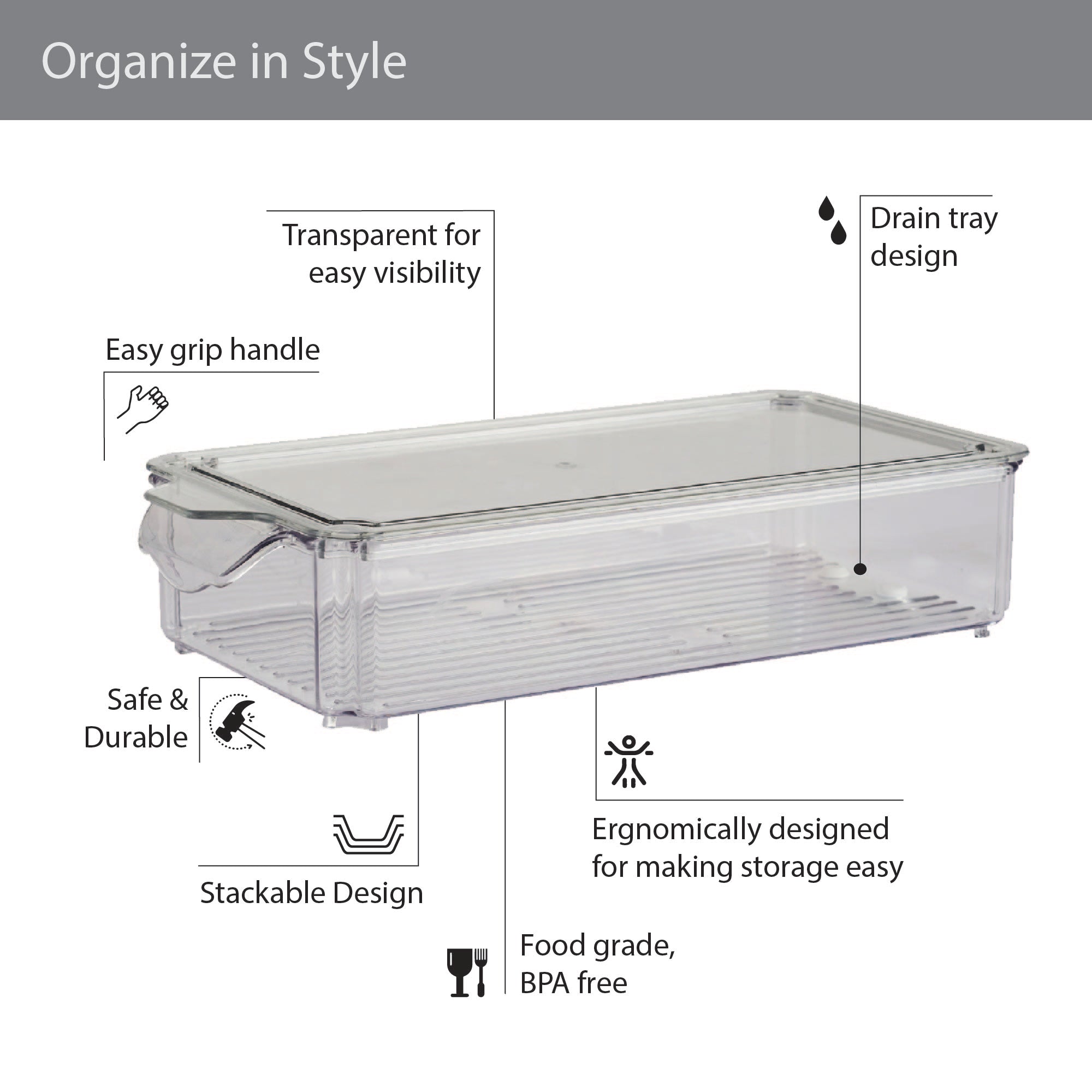 Robusto PET BPA Free Stackable Fridge Organizer with Lid & Drain - 2.35 Ltr in Transparent Colour