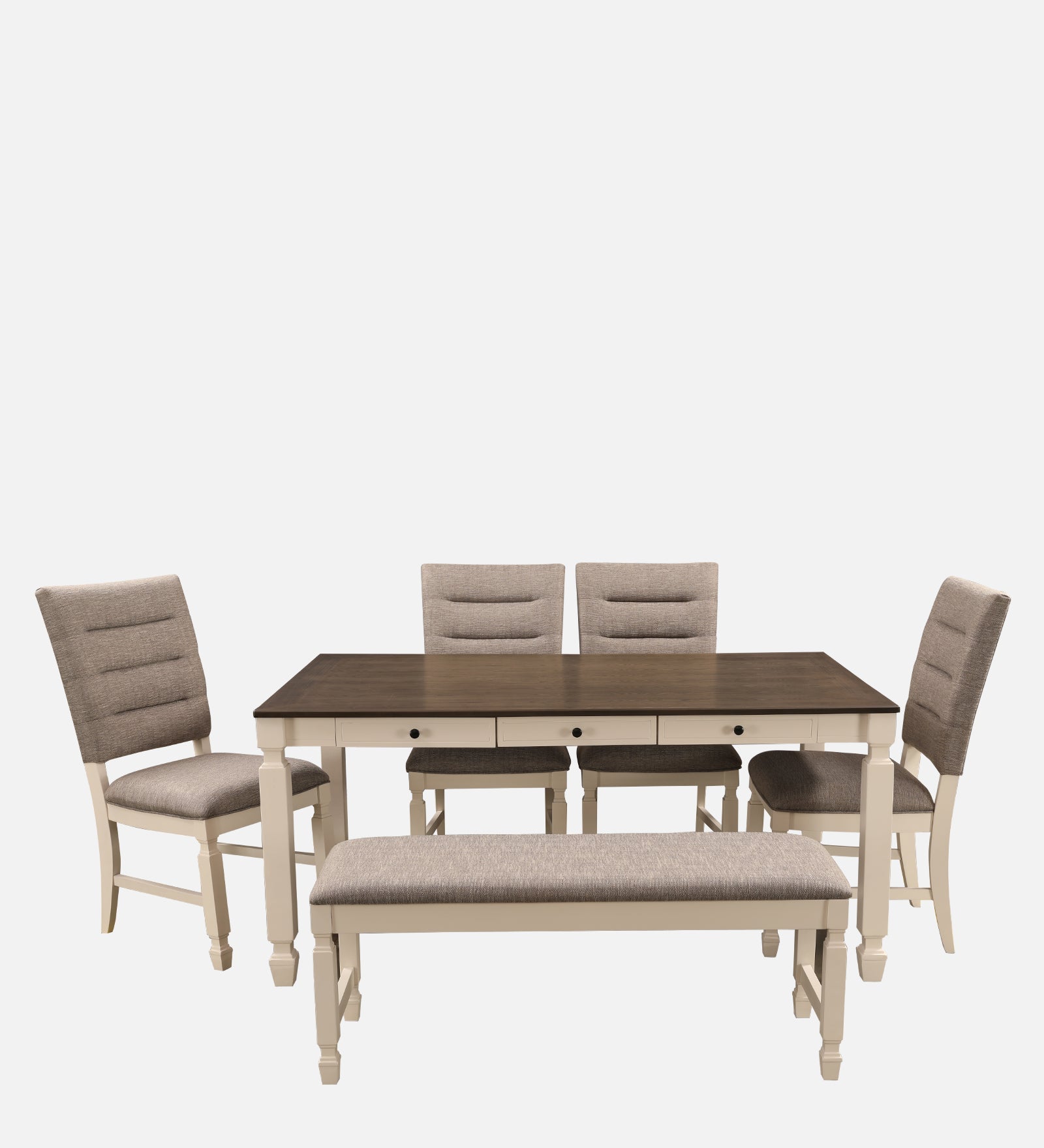 Wisp Rubber Wood Six Seater Dining Set With Bench in Antique White Colour