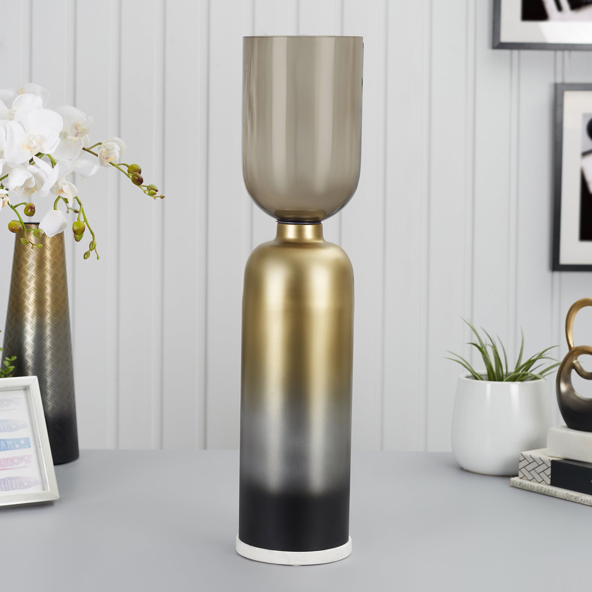 Zeus Iron and Glass Ombre Floor Hurricane 20x76 Cm in Antique Gold & Black Colour