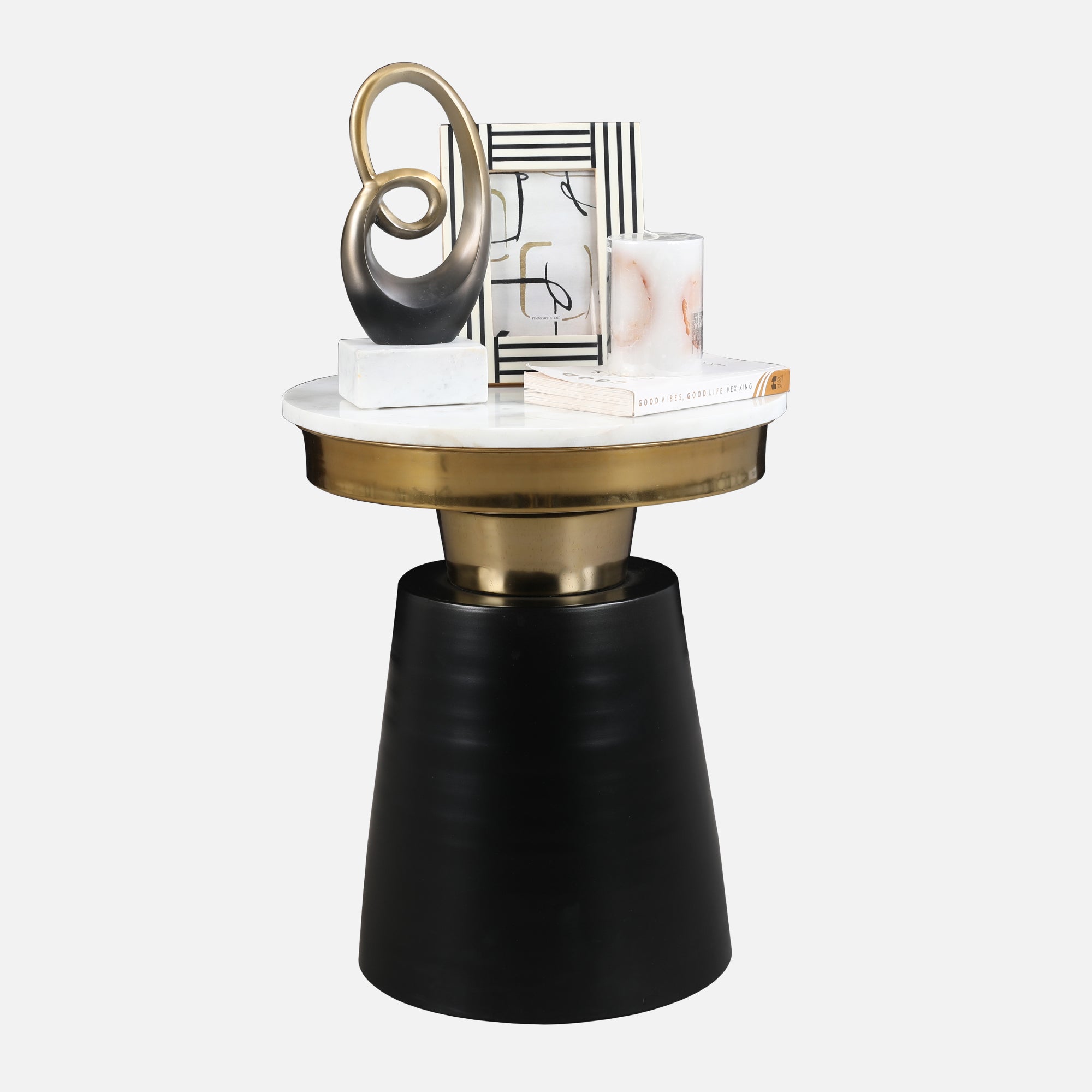 Chelsea Marble & Iron Side Table in White, Black & Gold Colour