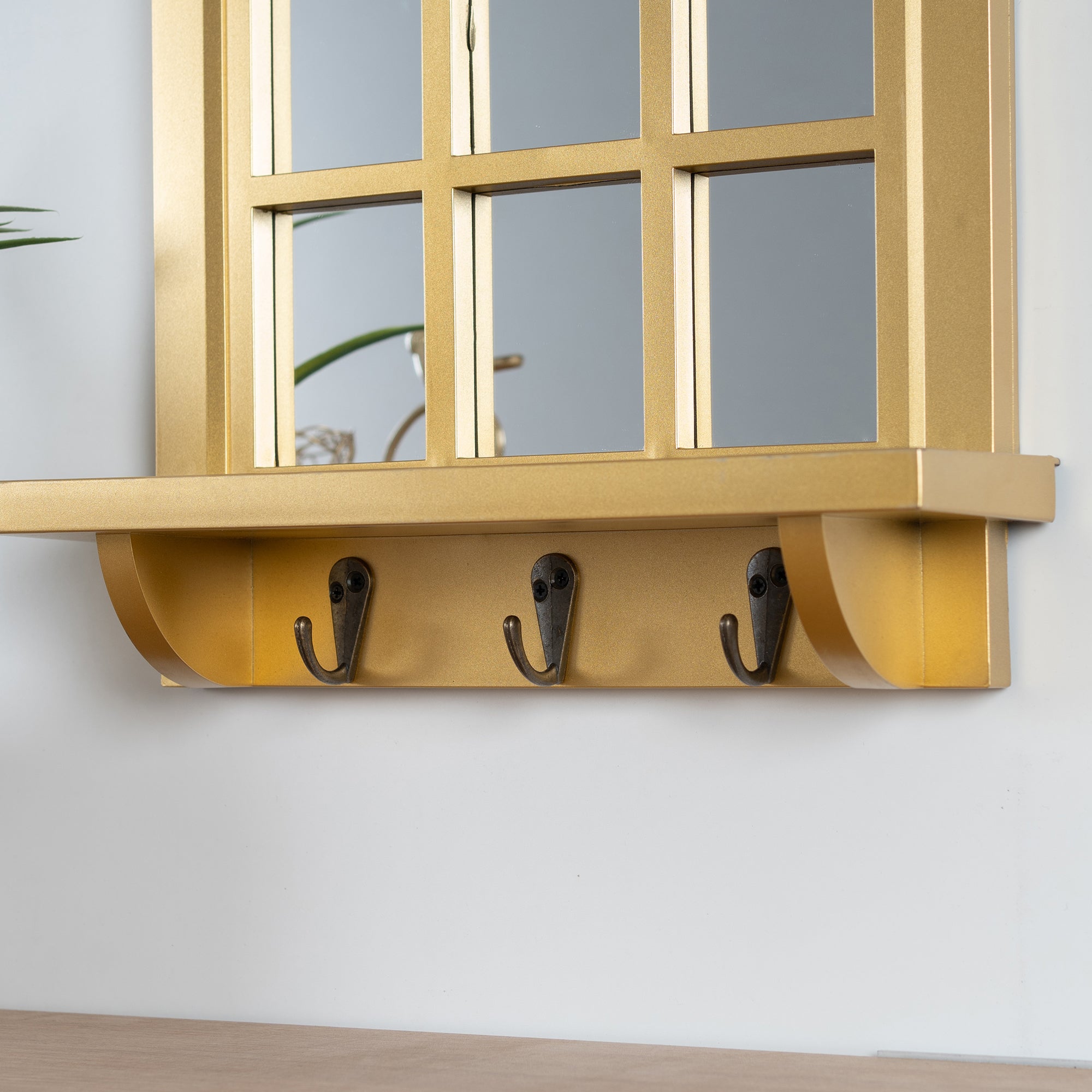 Mirage Decorative Mirror with Shelf and Hooks in Gold Colour