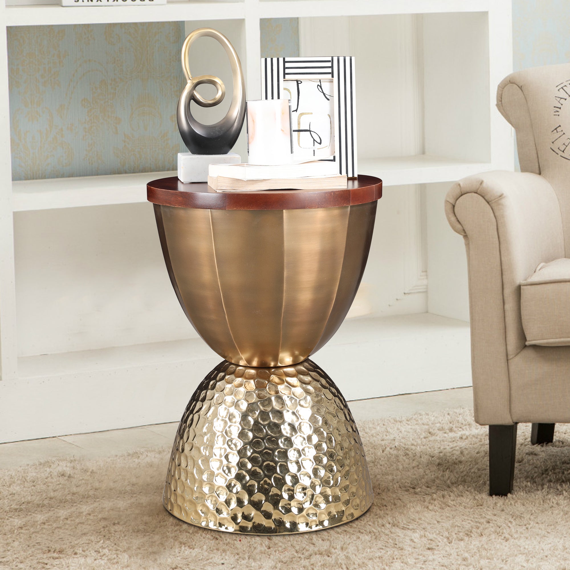 Mirbah Wood & Iron Side Table in Brown & Gold Colour