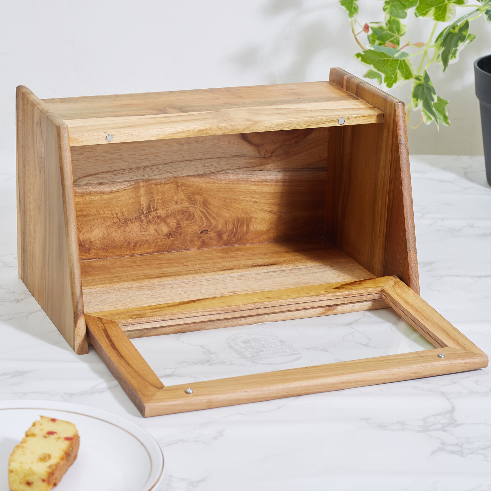 Beautiful Kitchen Wood and Acrylic Bread Box in Brown Colour