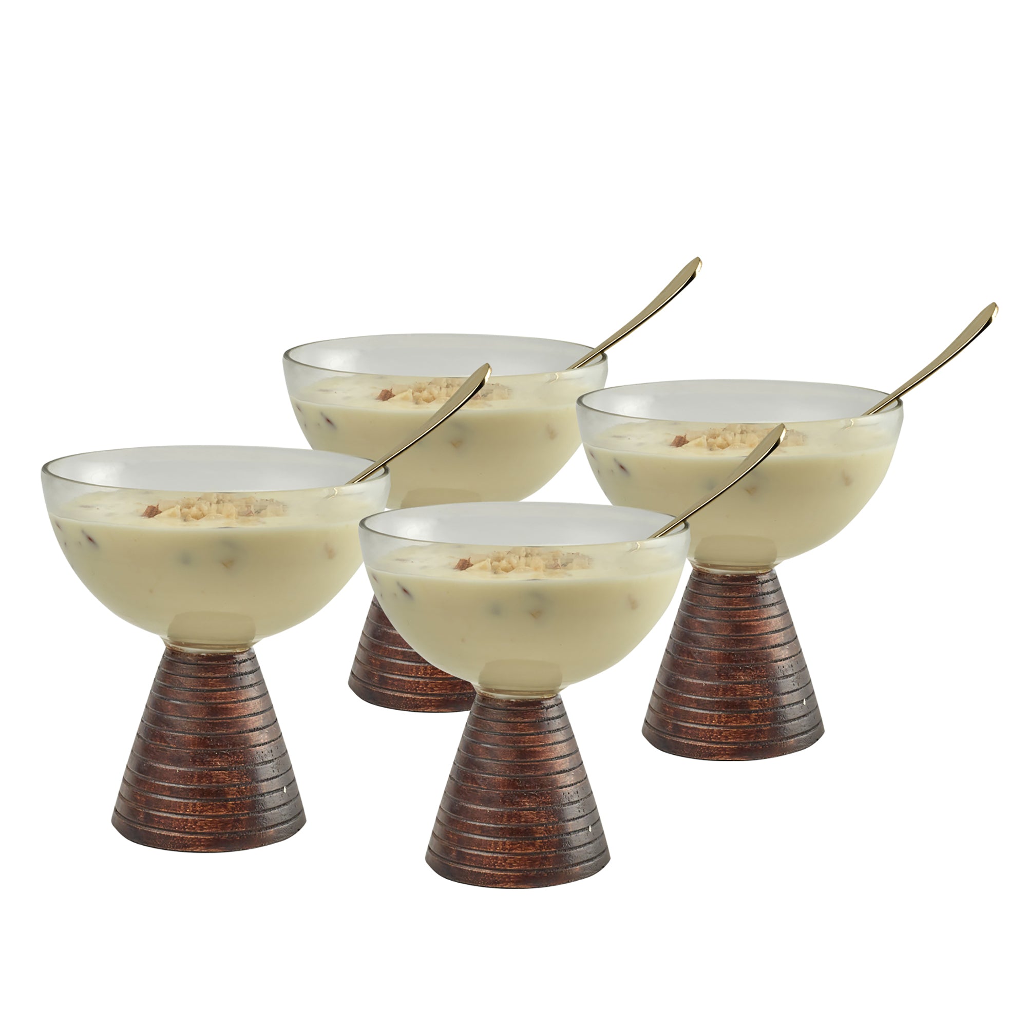 Living Essence Ice Cream Glass Bowl with Wooden base Set of 4 with Spoons