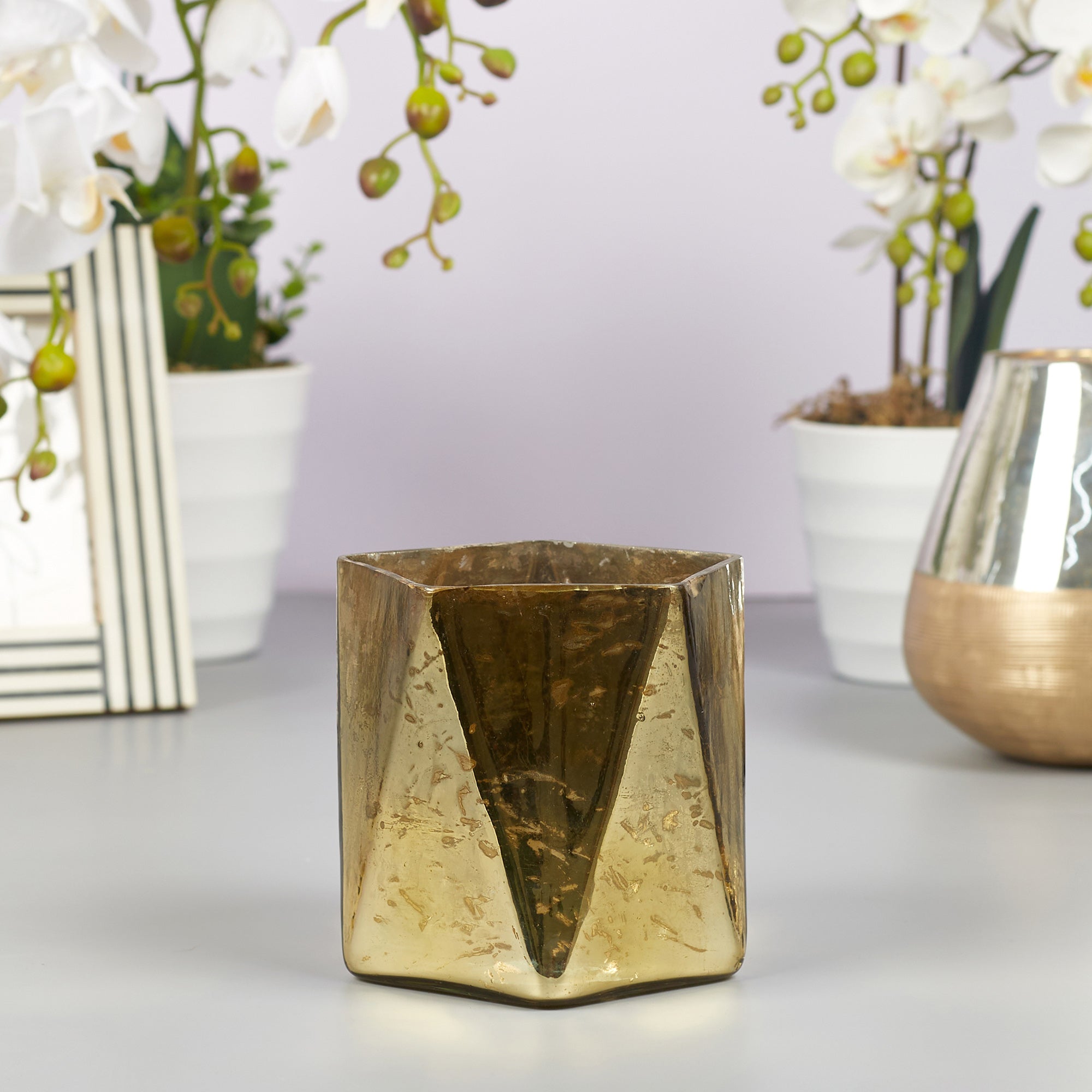 Phiona Glass Hexa Handcrafted Votive Mercury 13 Cm in Gold Colour