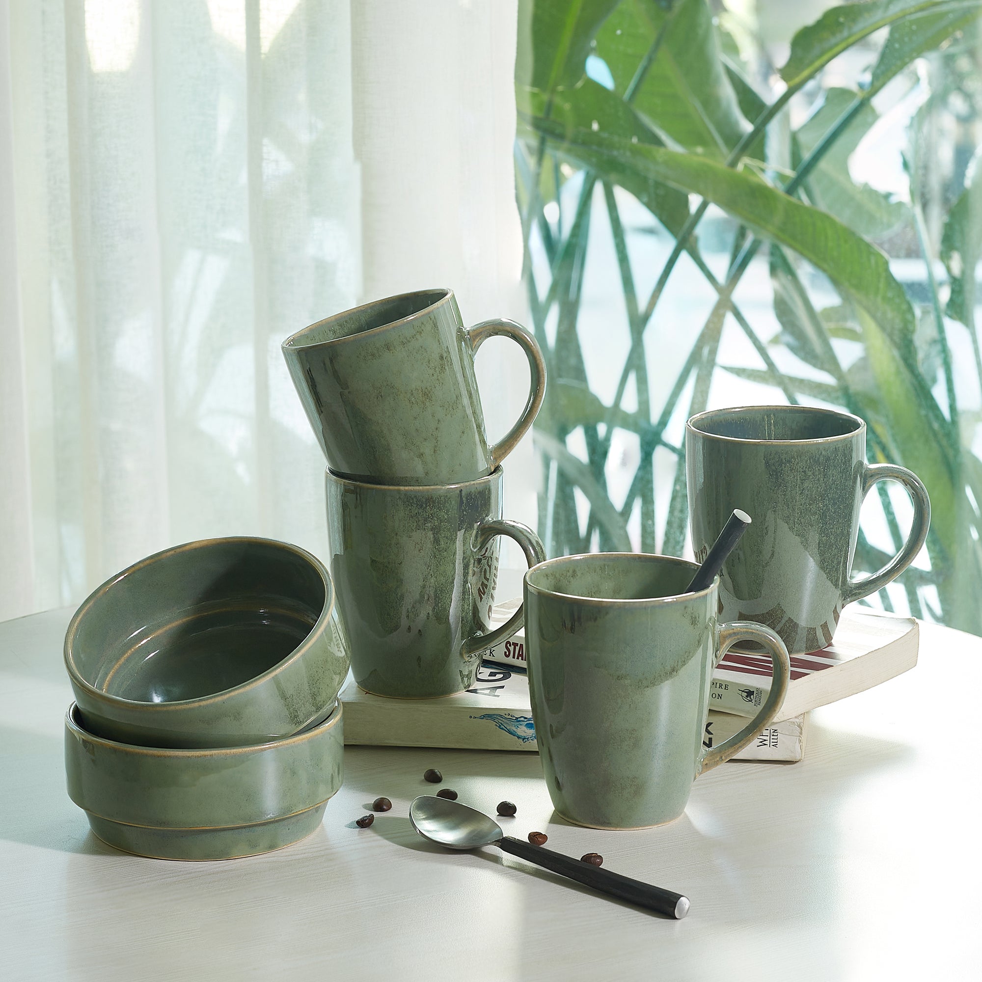 Hygge Studio Pottery Stoneware Breakfast Mug & Bowl Set of 6 in Sage Green Colour by Living Essence