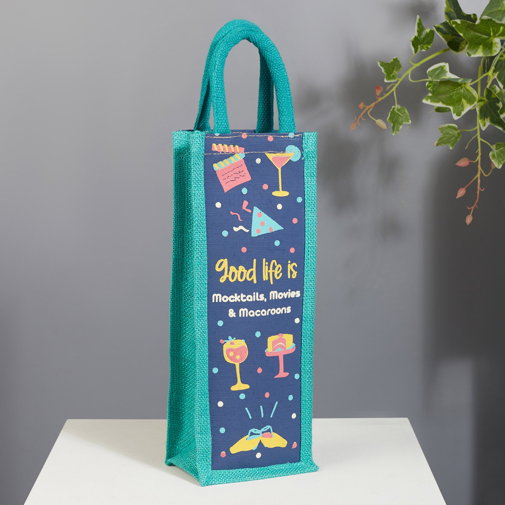 Good Life Jute Reversible Macaroon Printed Bottle Bag 12 x 35.5 Cm in Navy Colour