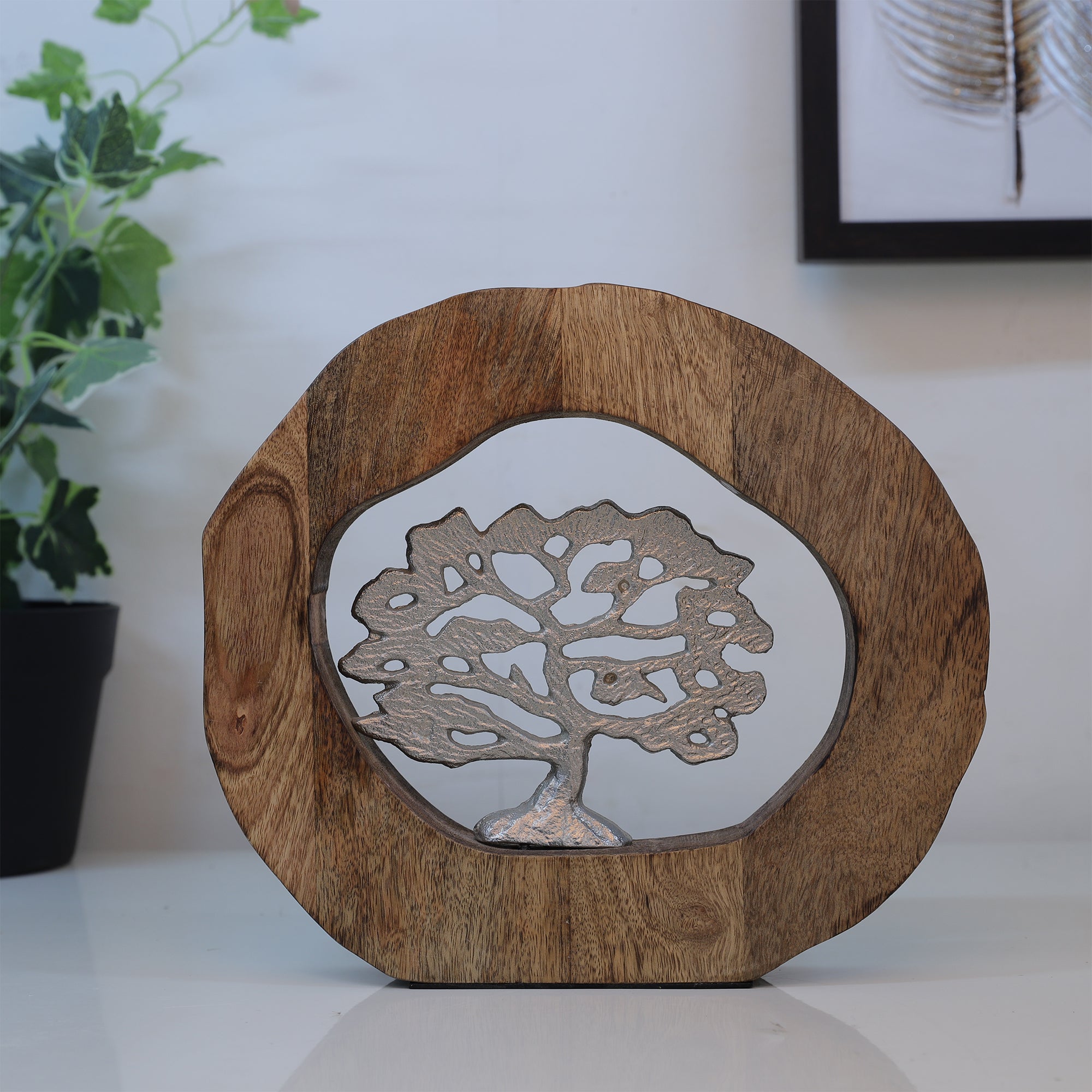 Walton Wood Metal Tree And Wood Decor in Natural Wood And Gold Colour