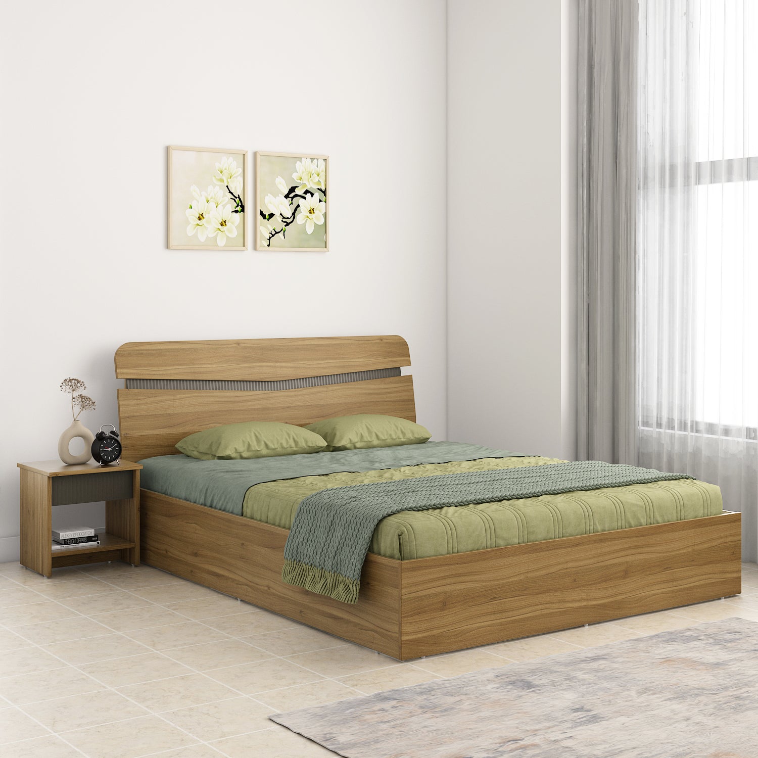 Paula Engineered Wood Queen Bed Box Storage with 4 Door Wardrobe & Night Stand Package