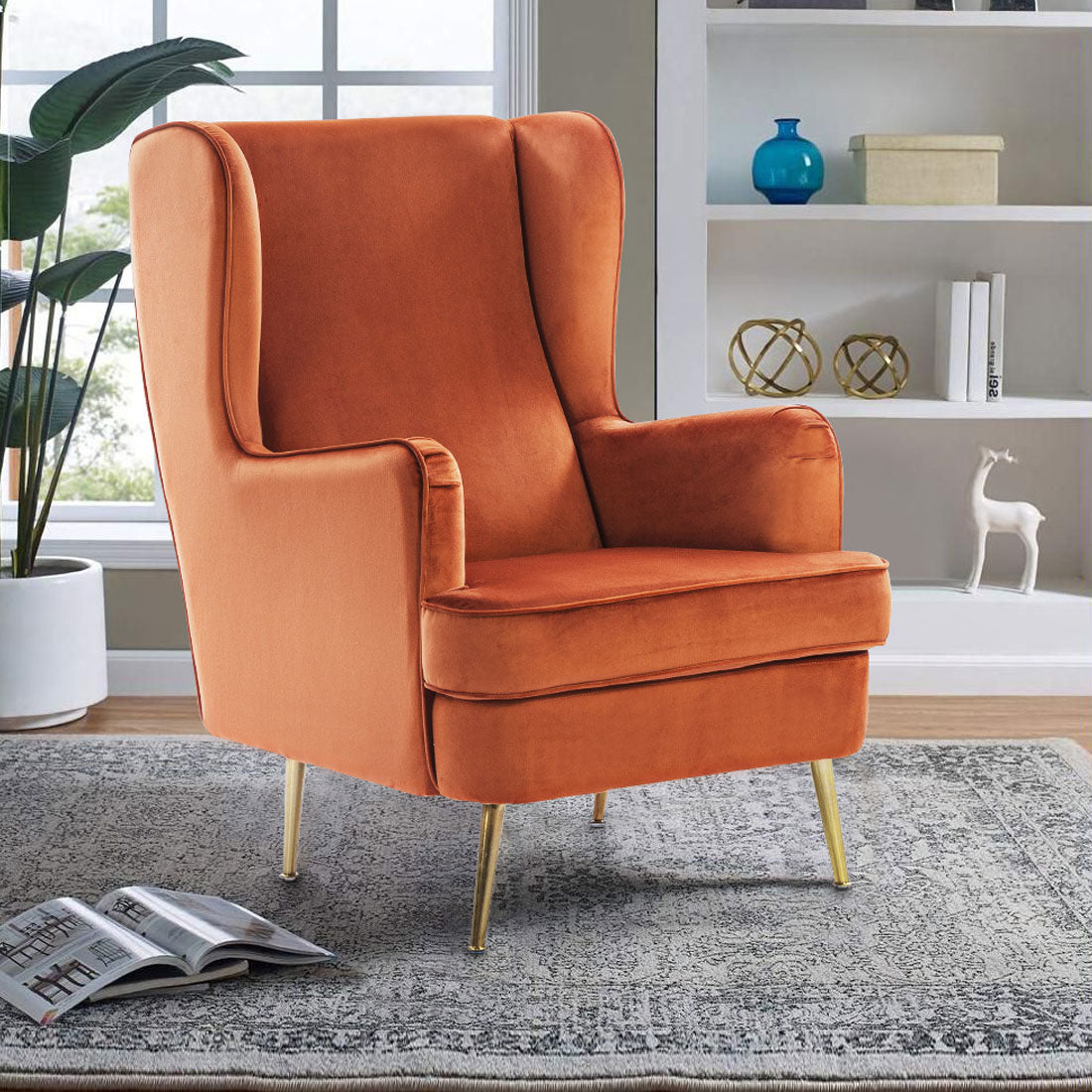 Charm Velvet Arm Chair in Rust Colour