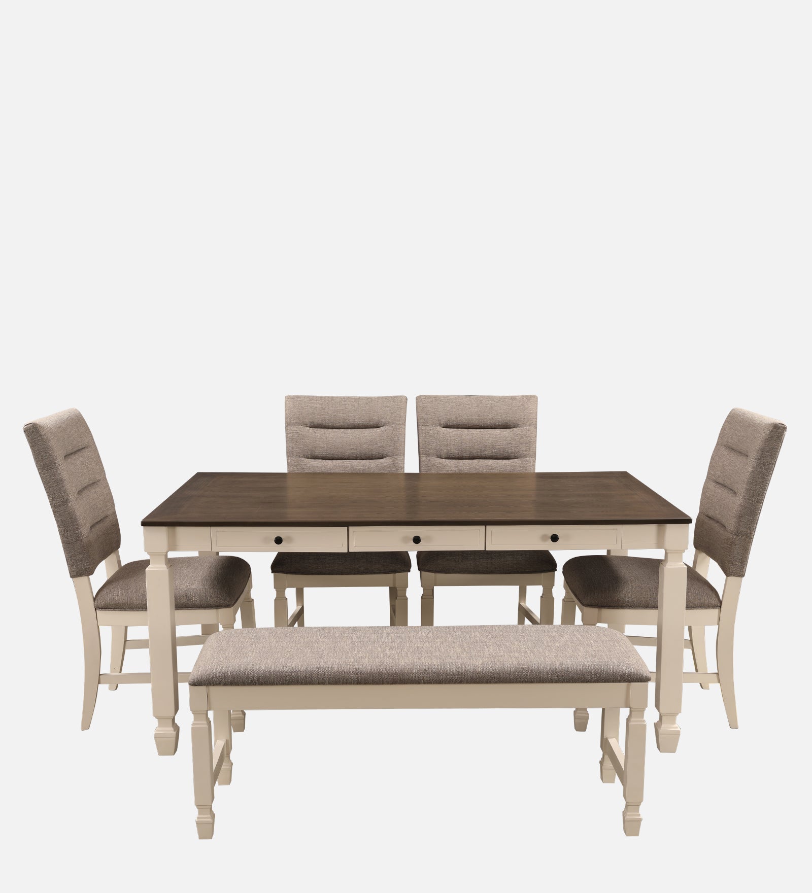 Wisp Rubber Wood Six Seater Dining Set With Bench in Antique White Colour