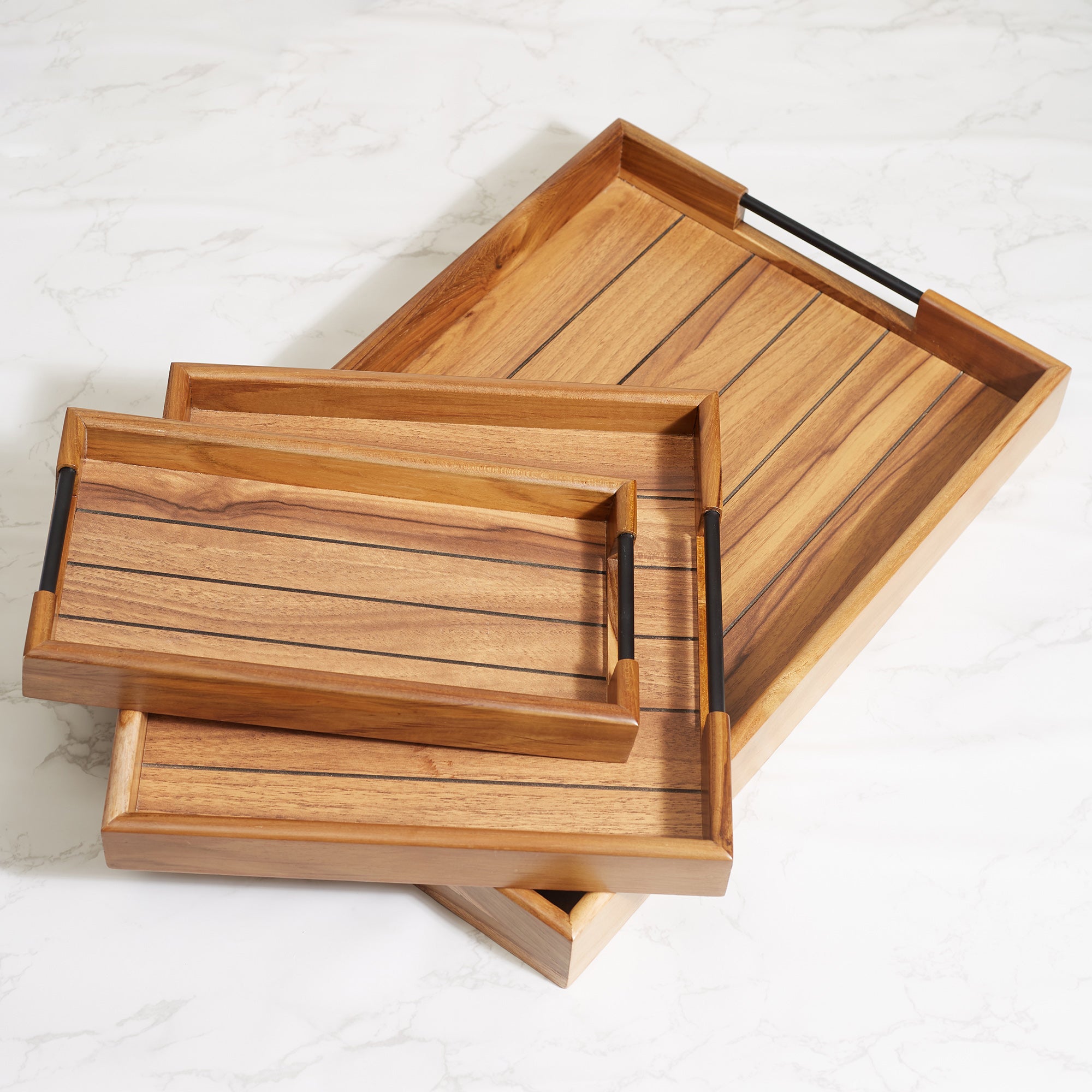 Beautiful Kitchen Metal and Wood Serving Tray Set of 3 in Brown Colour