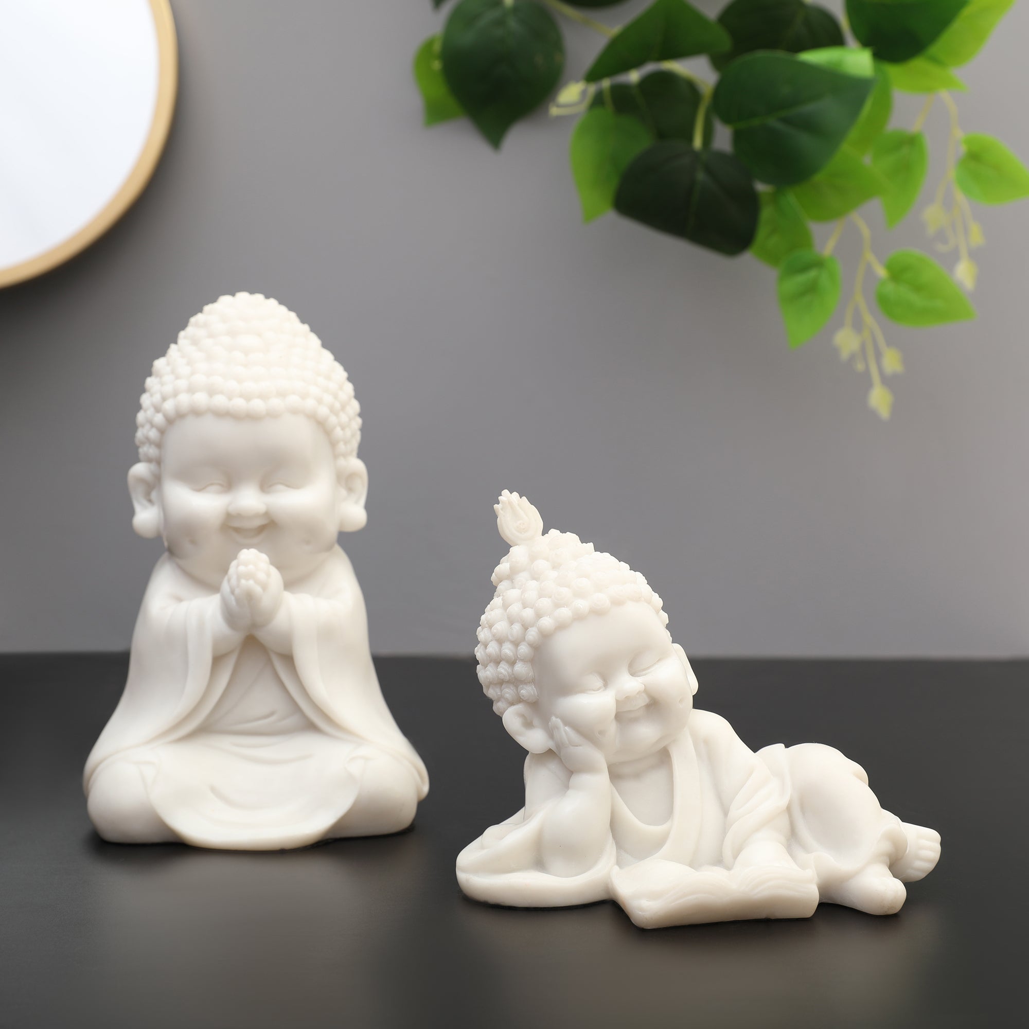 NAQSH READING MONK, POLYRESIN HAND FINISHED FIGURINE WHITE BY LIVNG ESSENCE