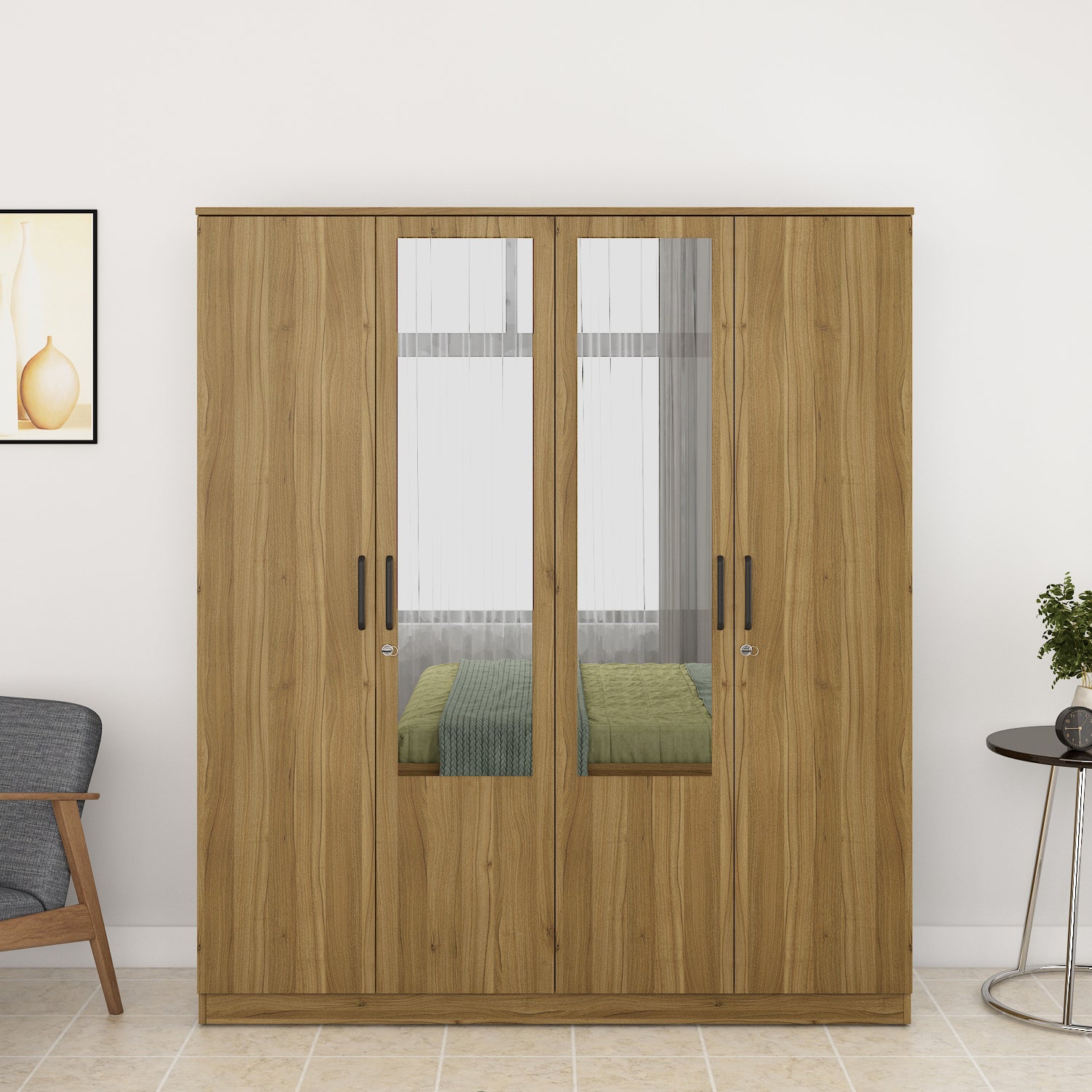 Paula Engineered Wood King Bed Box Storage with 4 Door Wardrobe & Night Stand Package