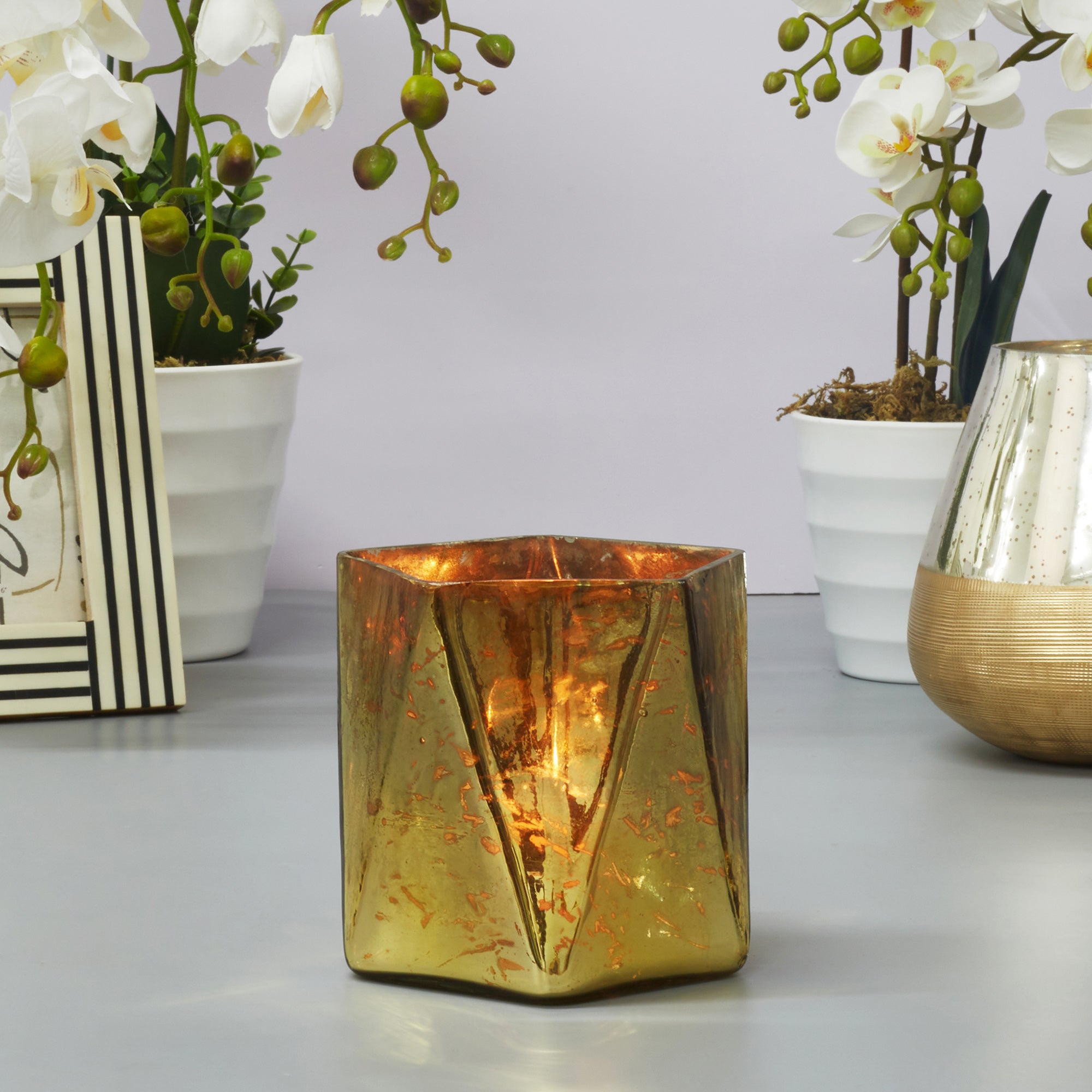 Phiona Glass Hexa Handcrafted Votive Mercury 13 Cm in Gold Colour