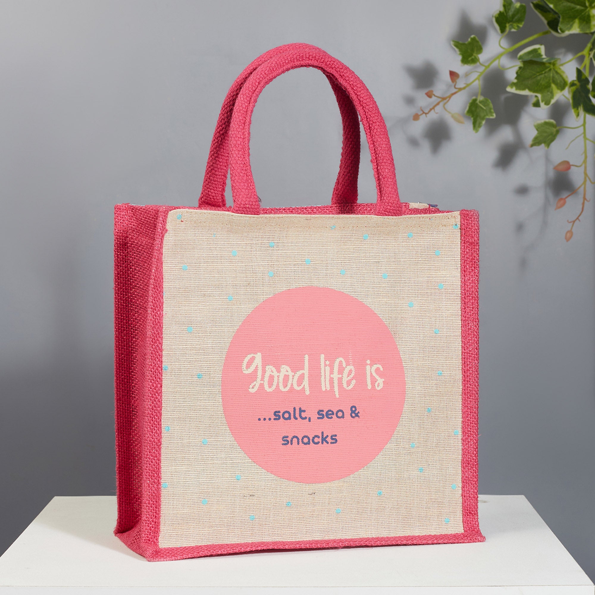 Good Life Jute Reversible Salt, Sea & Snack Printed Lunch Bag 25.5 x 25.5 Cm in Pink Colour