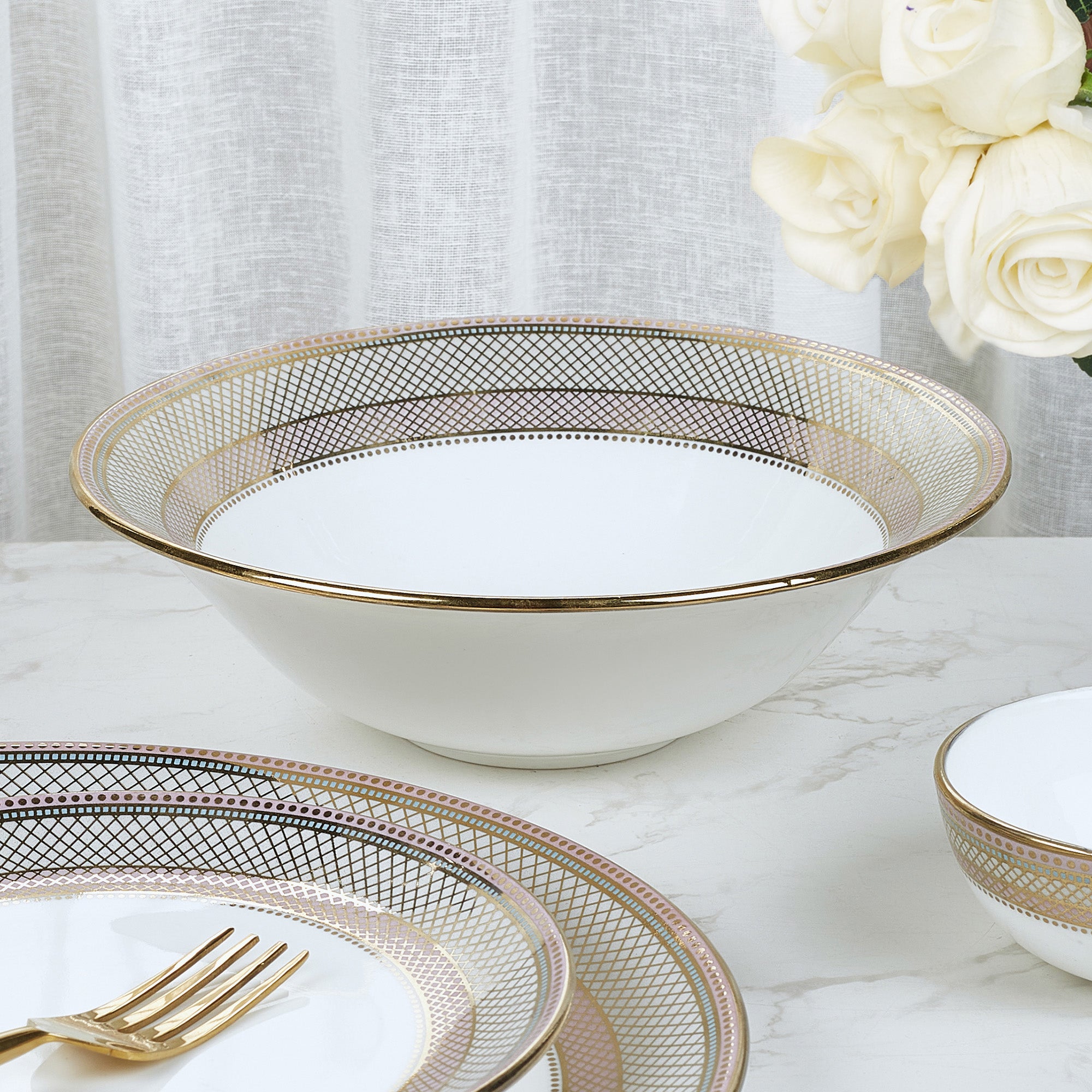 Amour Real Gold-Plated Bone China Charlotte Serving Bowl in Pink & White Colour