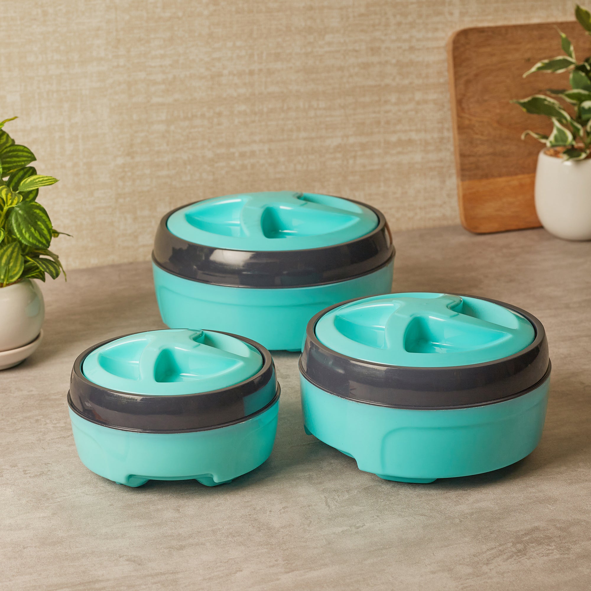Fiesta Plastic and Stainless Steel Trio Double-Wall Insulated Casserole Set Of 3 in Teal Colour