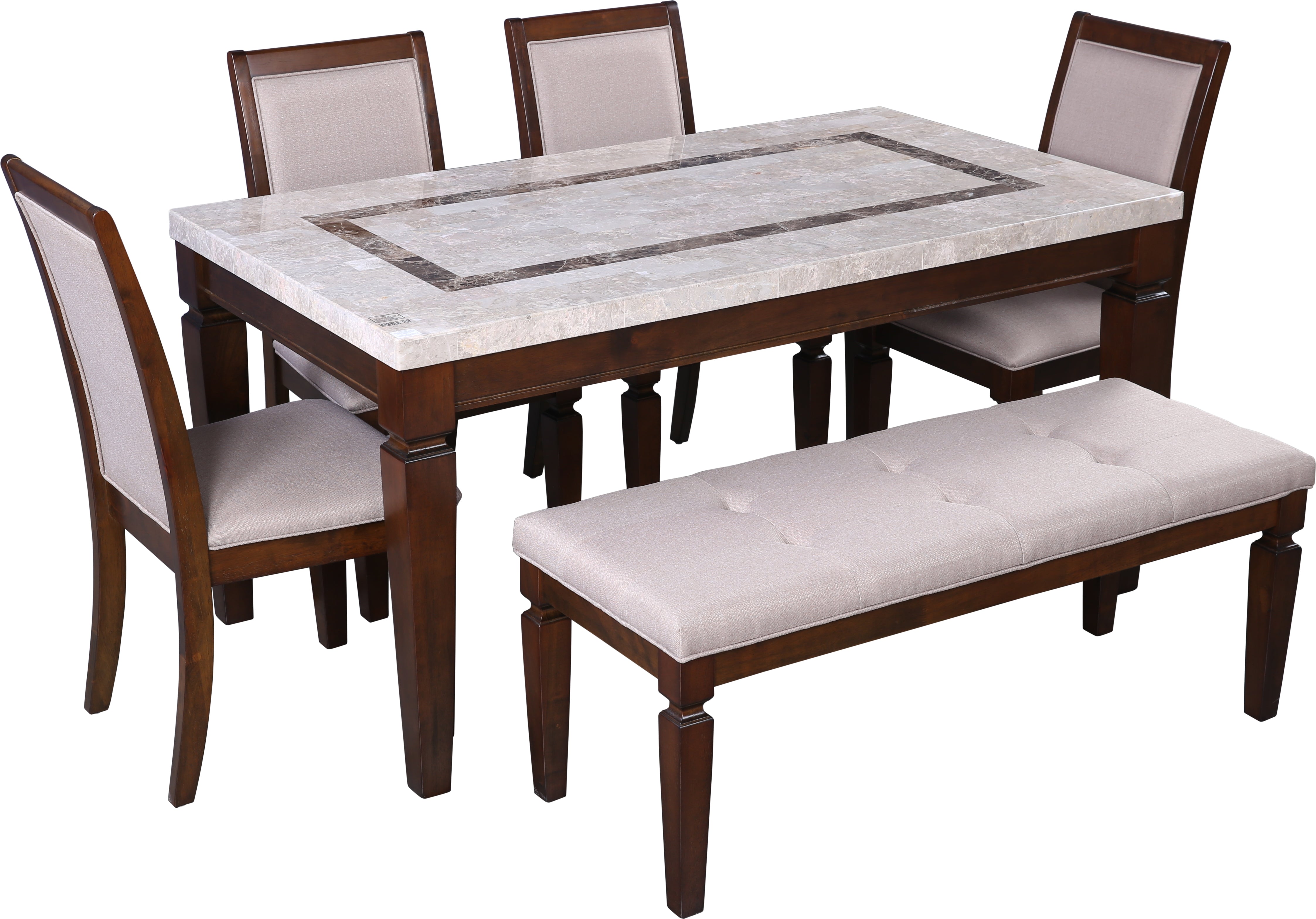 Bliss Marble Top 6 Seater Set with Bench with Inlay in Beige Colour