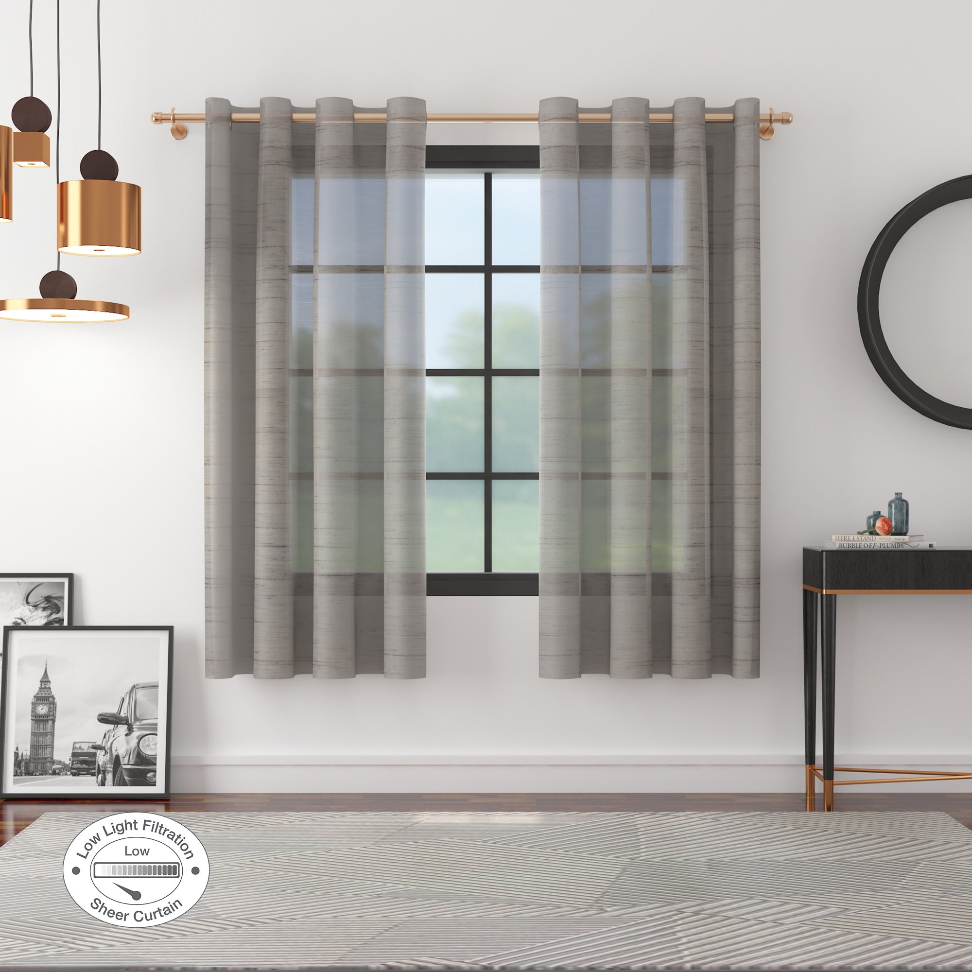 Amour Set of 2 Ribbed Window Sheer Curtains 5 Feet in Charcoal Colour